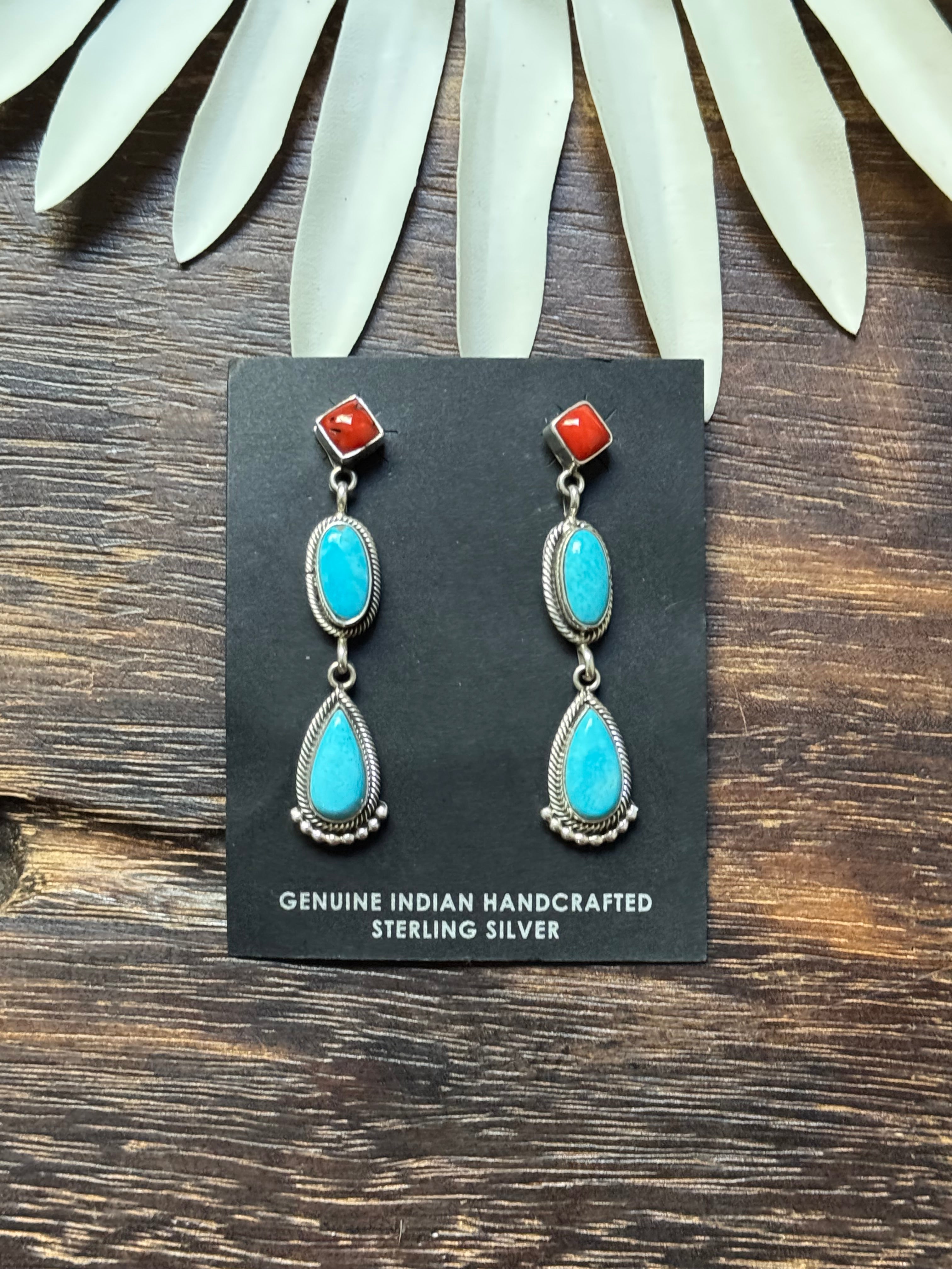 Navajo Made Multi Stone & Sterling Silver Post Dangle Earrings