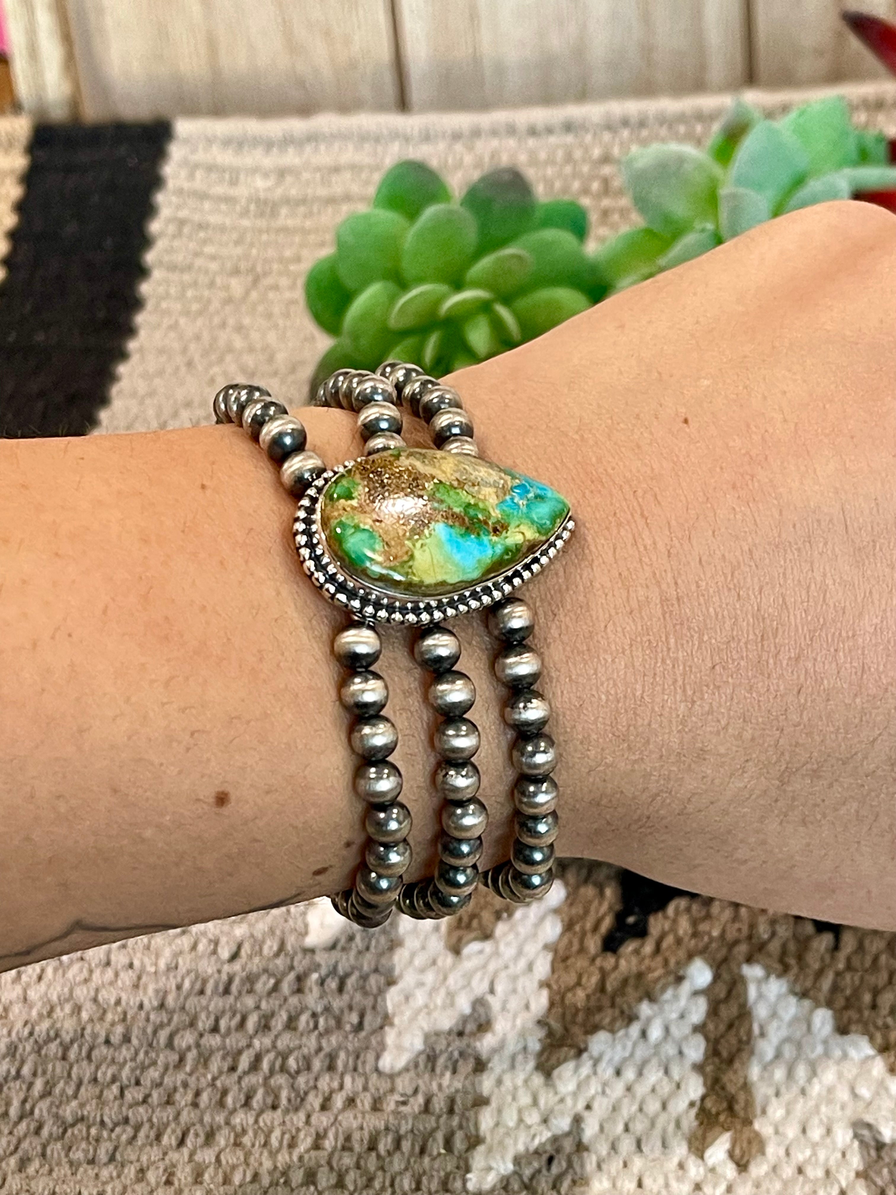 Southwest Handmade Sonoran Mountain Turquoise & Sterling Silver 3 Strand Beaded Stretch Bracelet