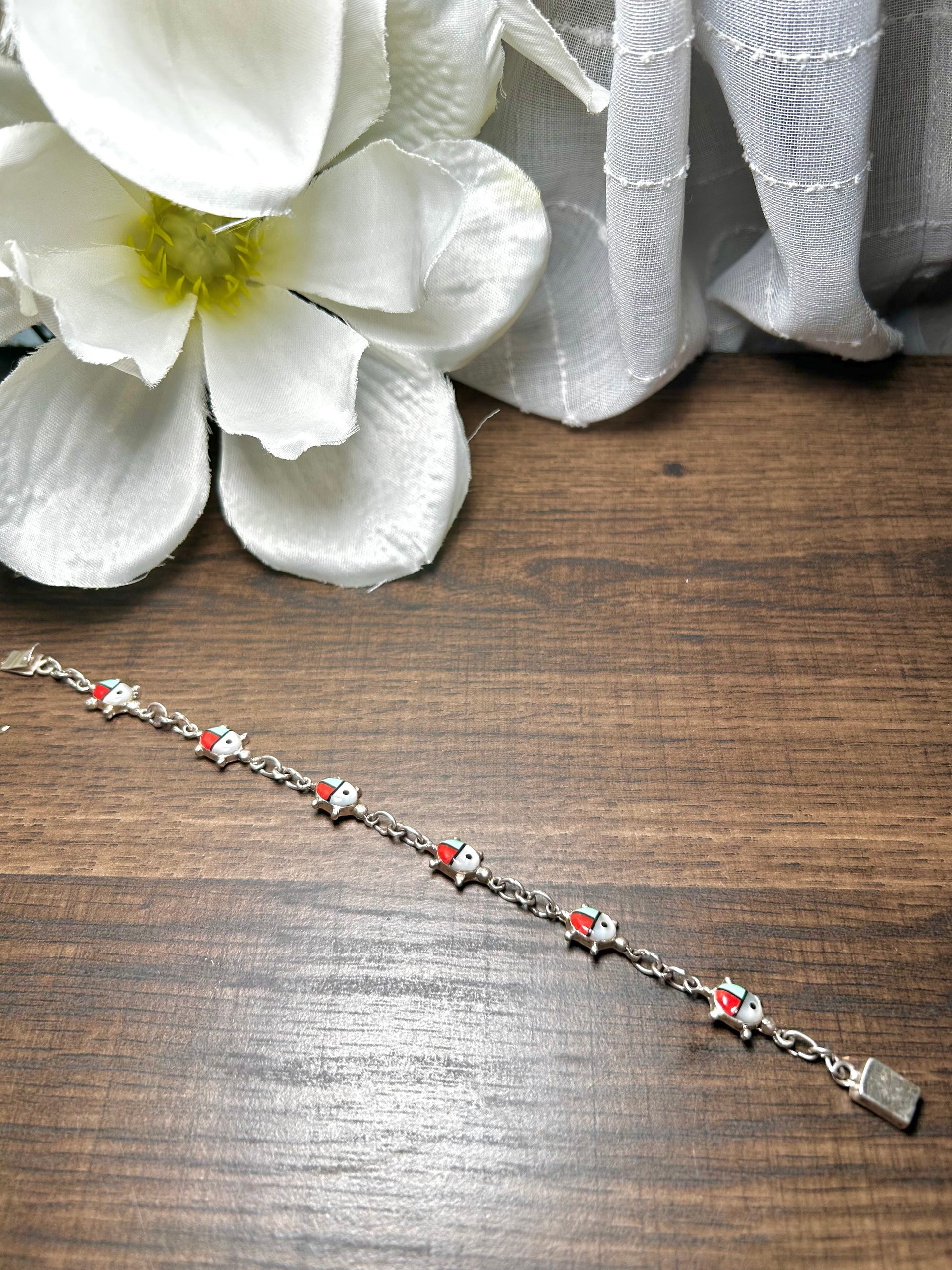 Vintage Zuni Made Multi Stone & Sterling Silver Link Bracelet