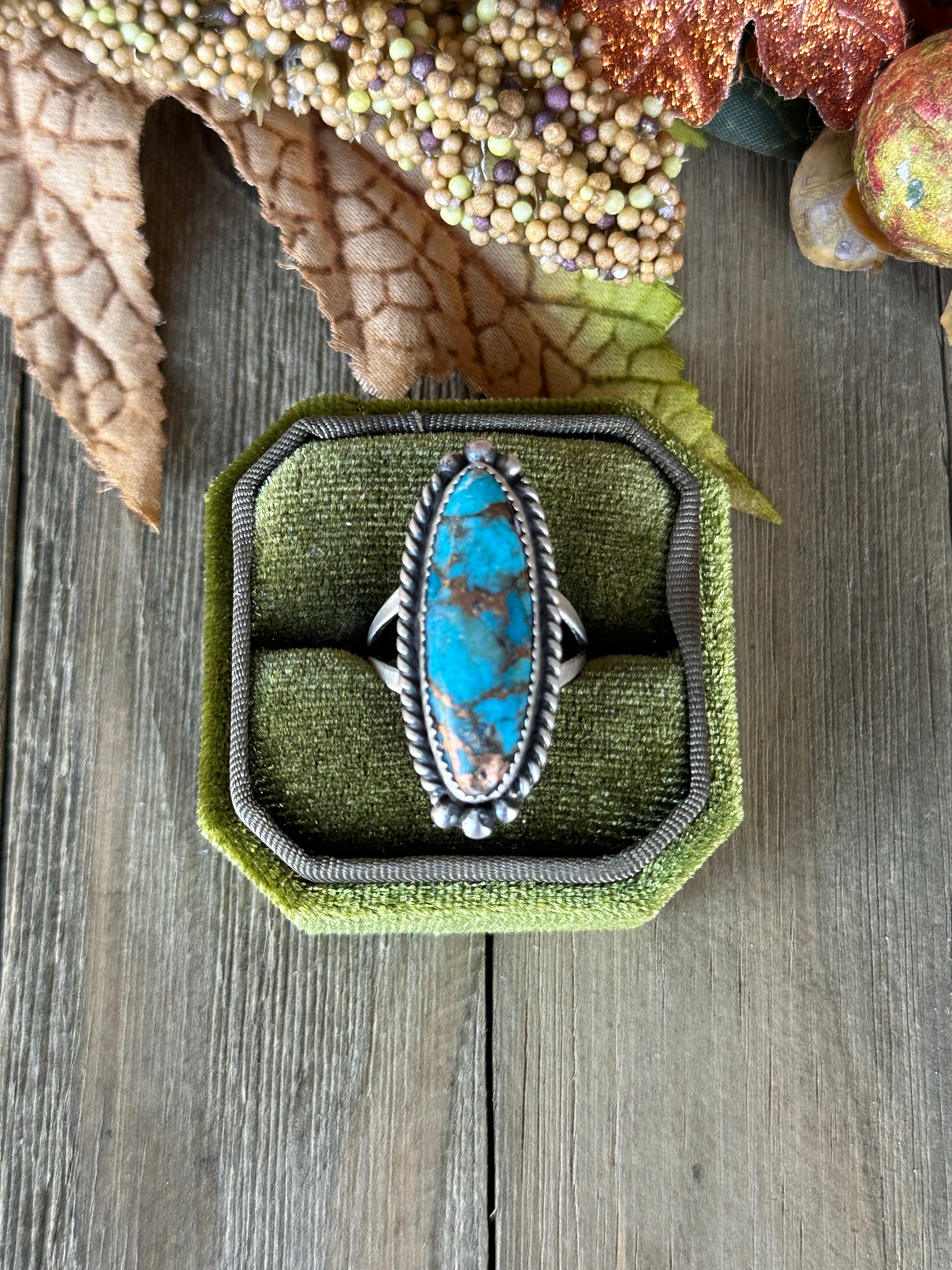 Navajo Made Mohave Turquoise & White Buffalo & Sterling Silver Ring