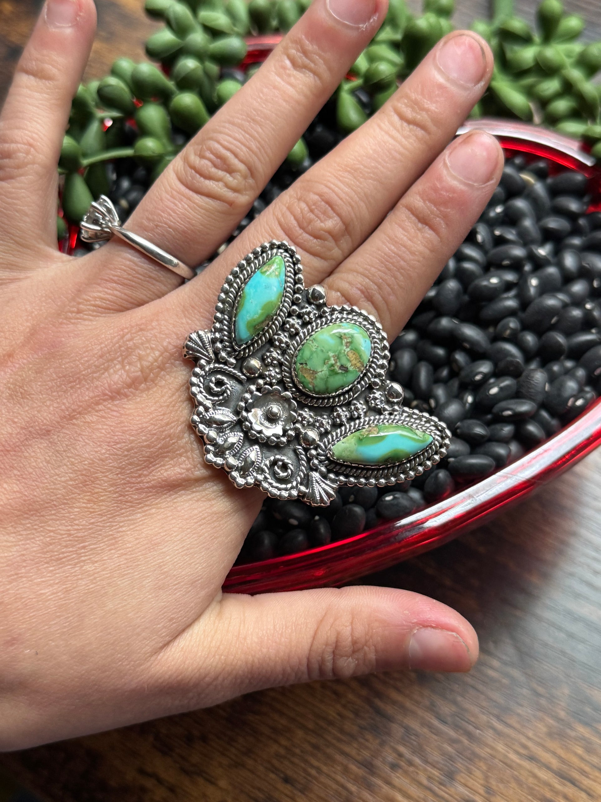 Southwest Handmade Sonoran Mountain Turquoise & Sterling Silver Adjustable Cluster Ring