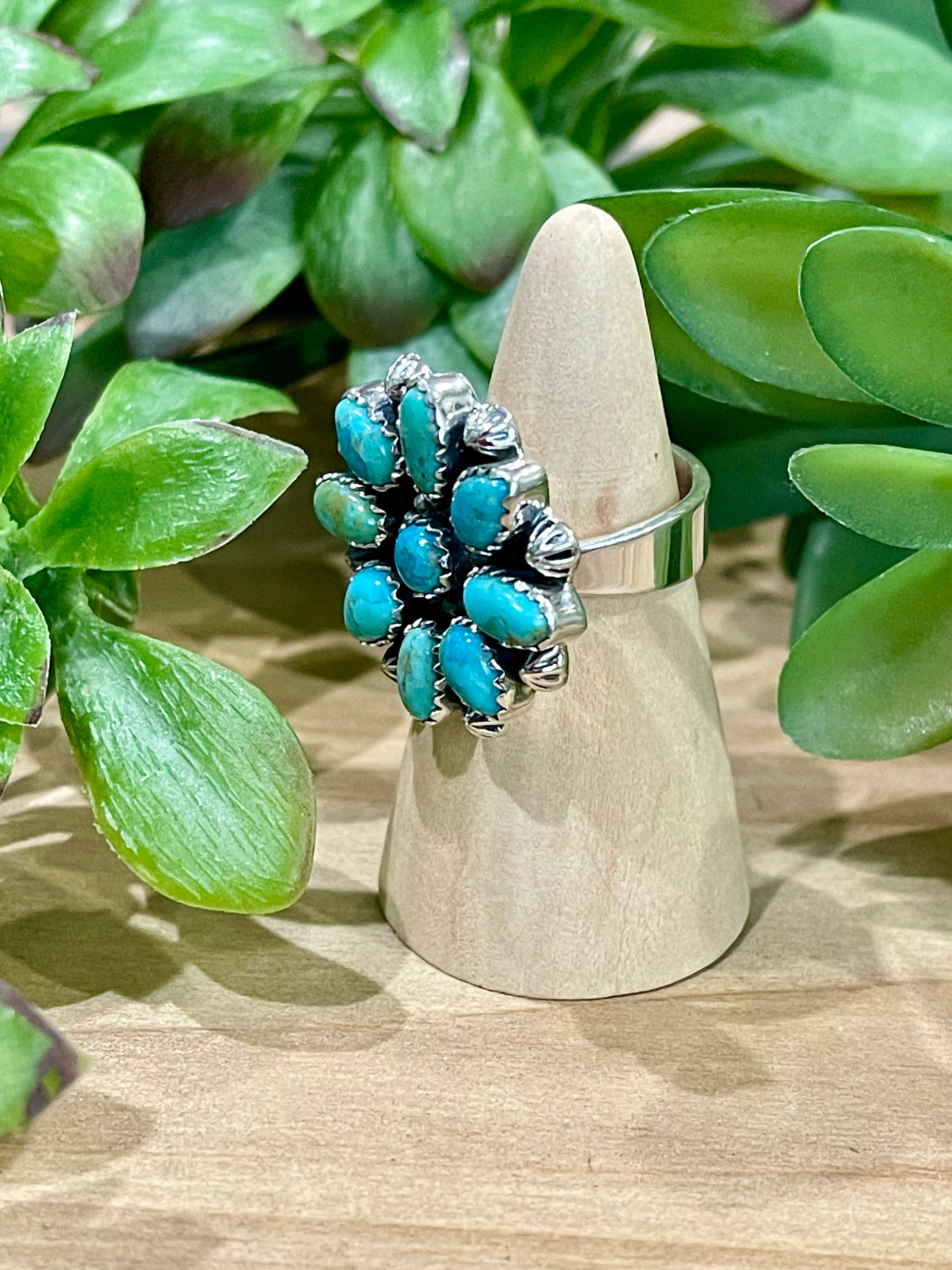 Southwest Handmade Kingman Turquoise & Sterling Silver Adjustable Flower Ring