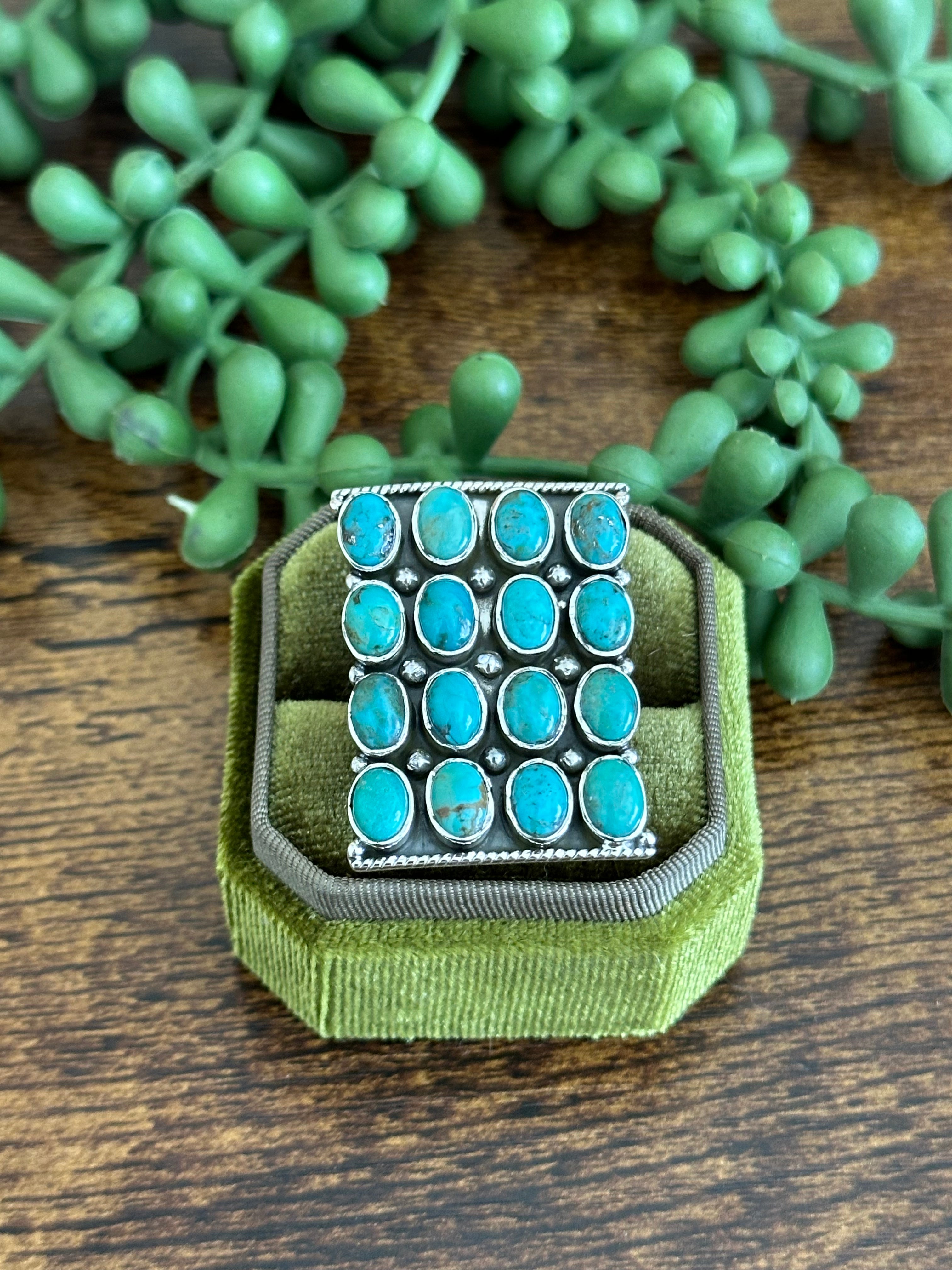 Southwest Handmade Kingman Turquoise & Sterling Silver Adjustable Cluster Ring