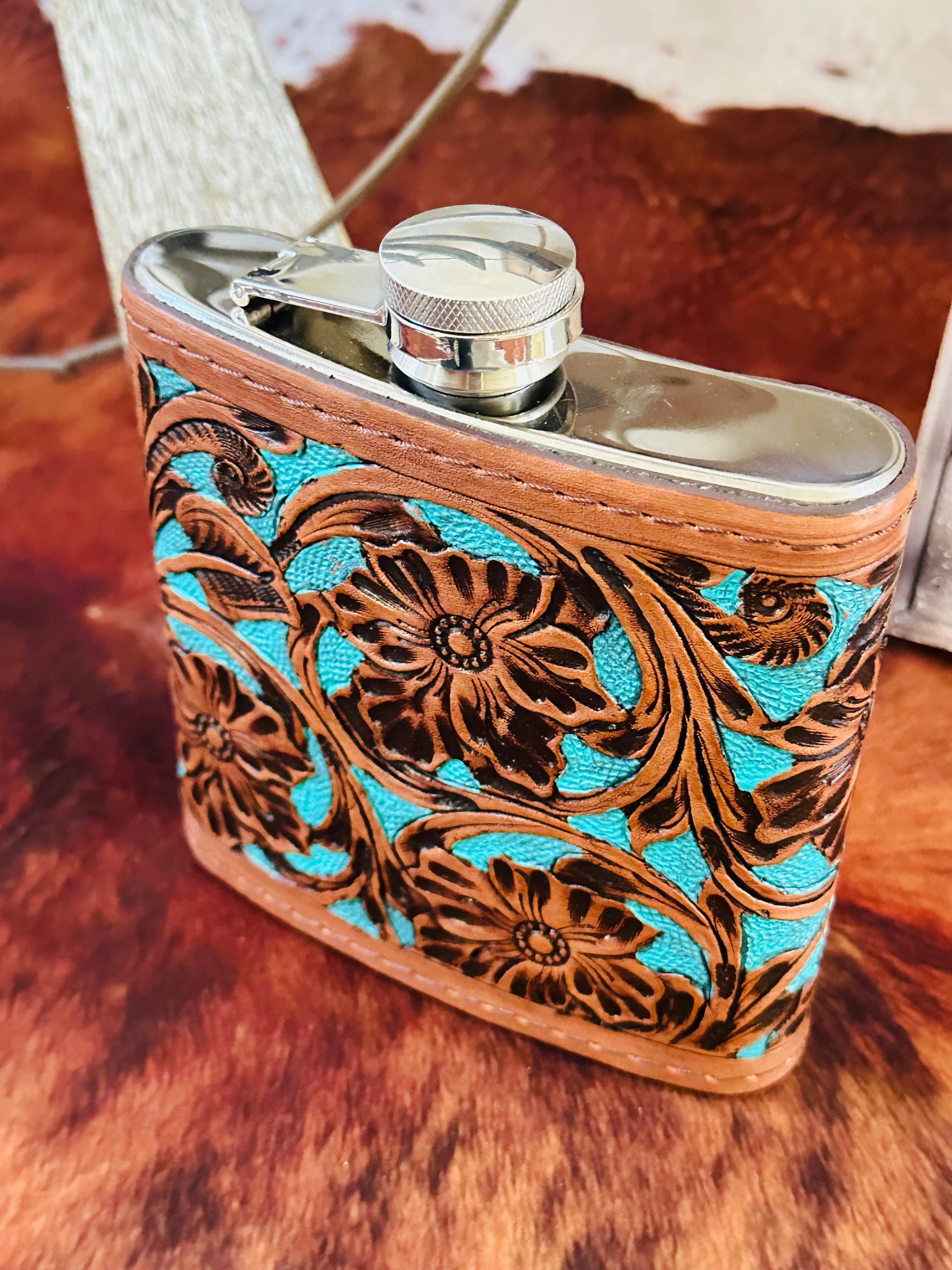 Genuine Tooled Leather 16 oz Flask