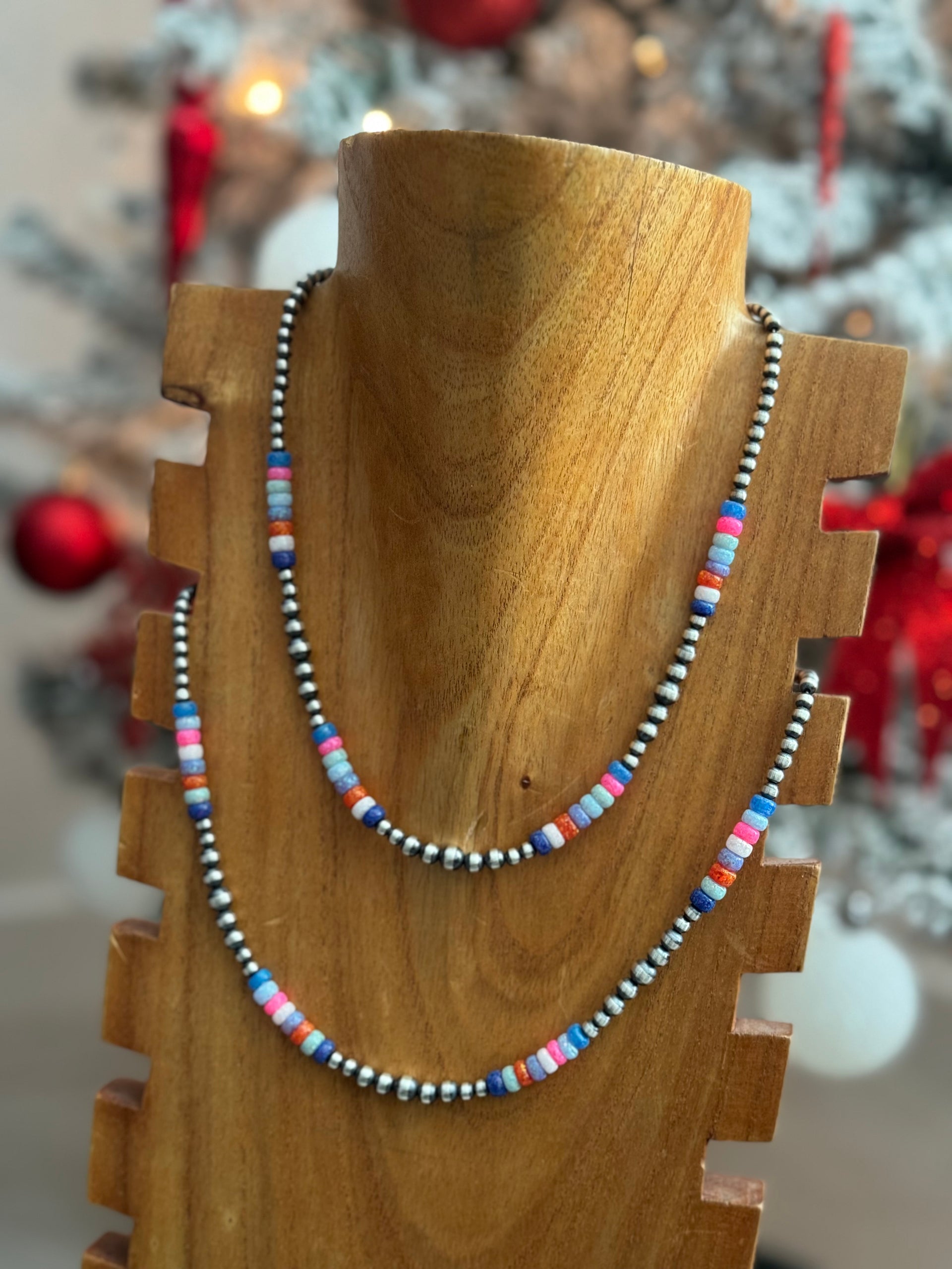 Navajo Strung Opal & Sterling Silver Beaded Pearl Necklace