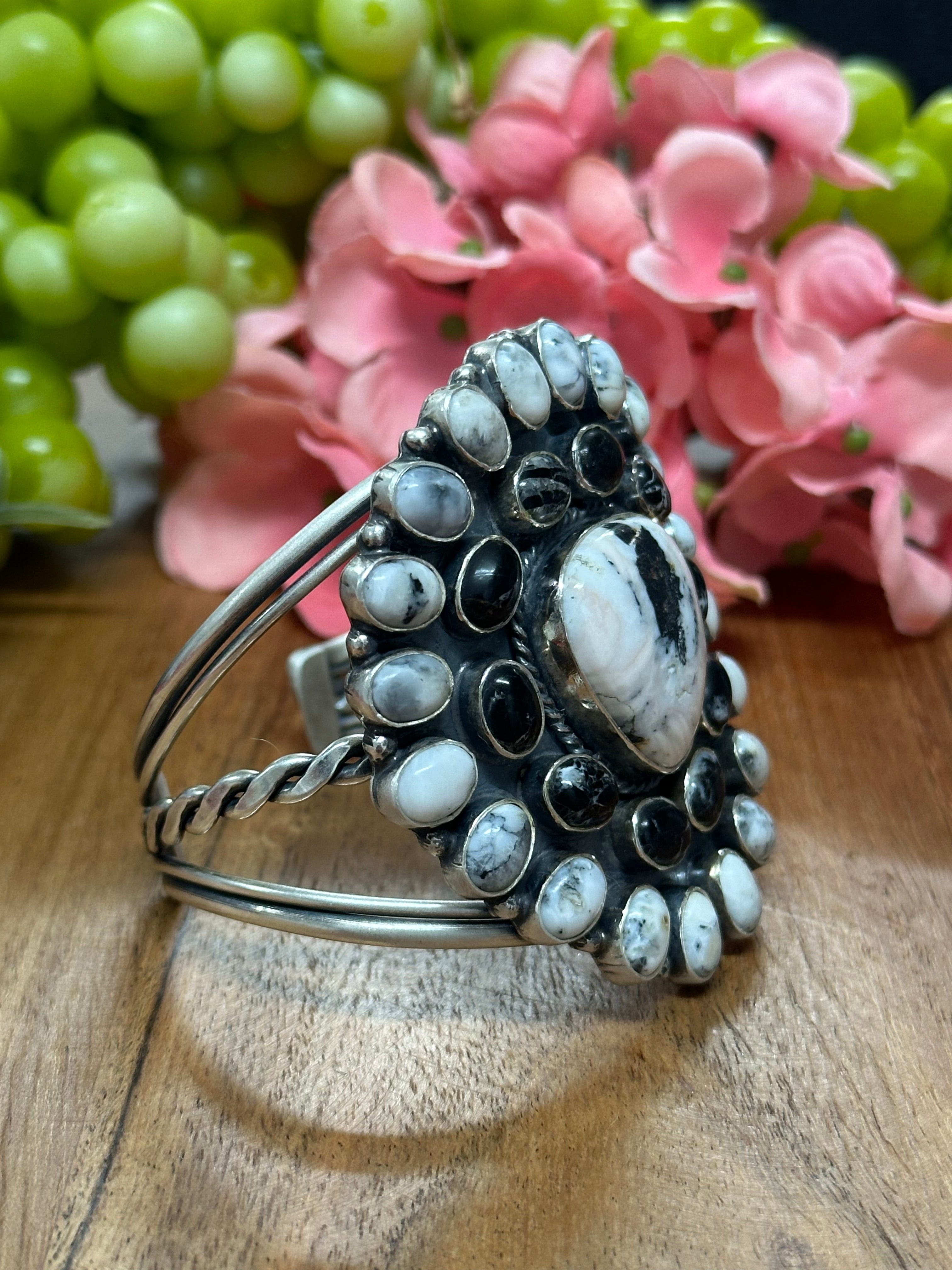 Navajo Made White Buffalo & Sterling Silver Cluster Cuff Bracelet