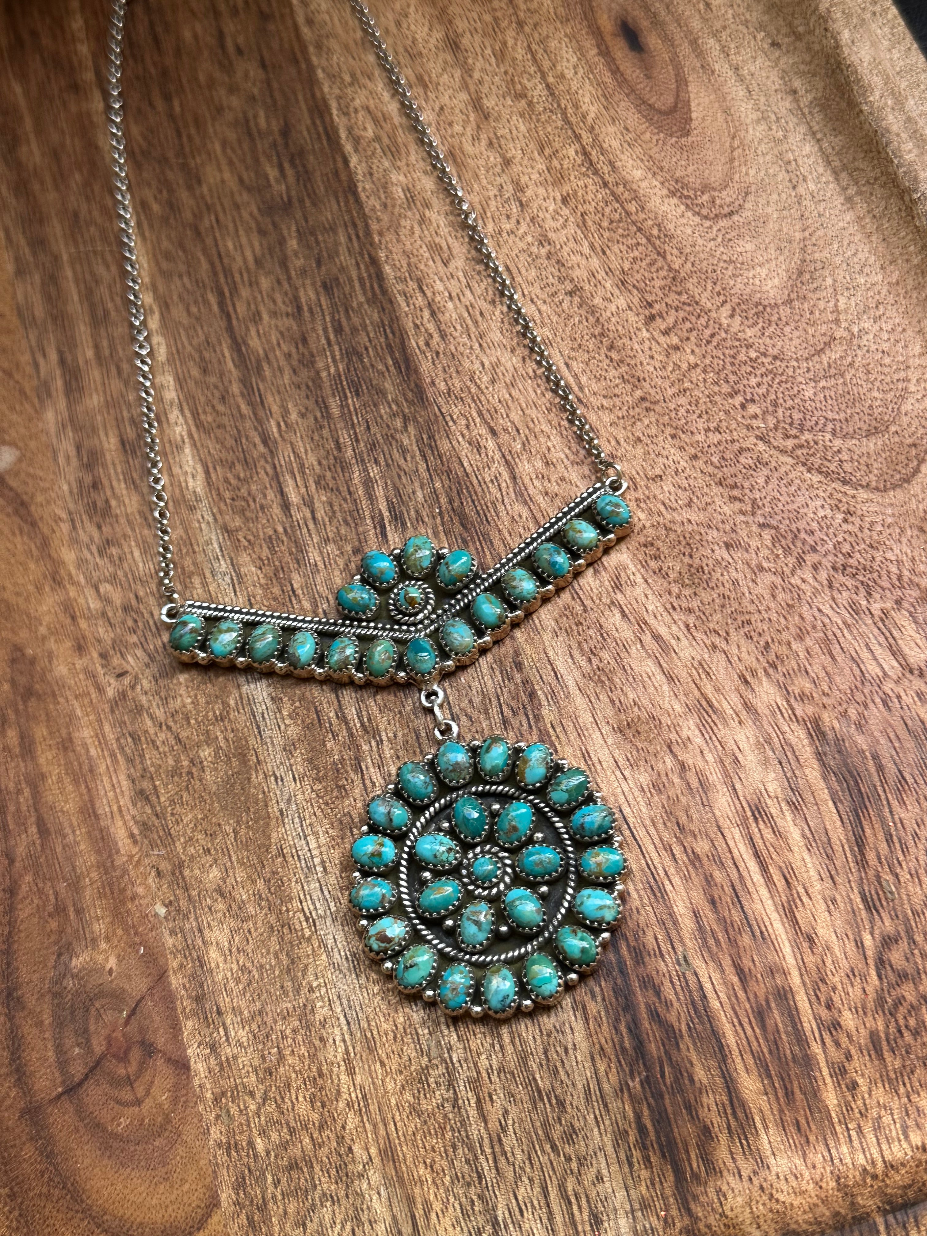 Southwest Handmade Kingman Turquoise & Sterling Silver Cluster Necklace