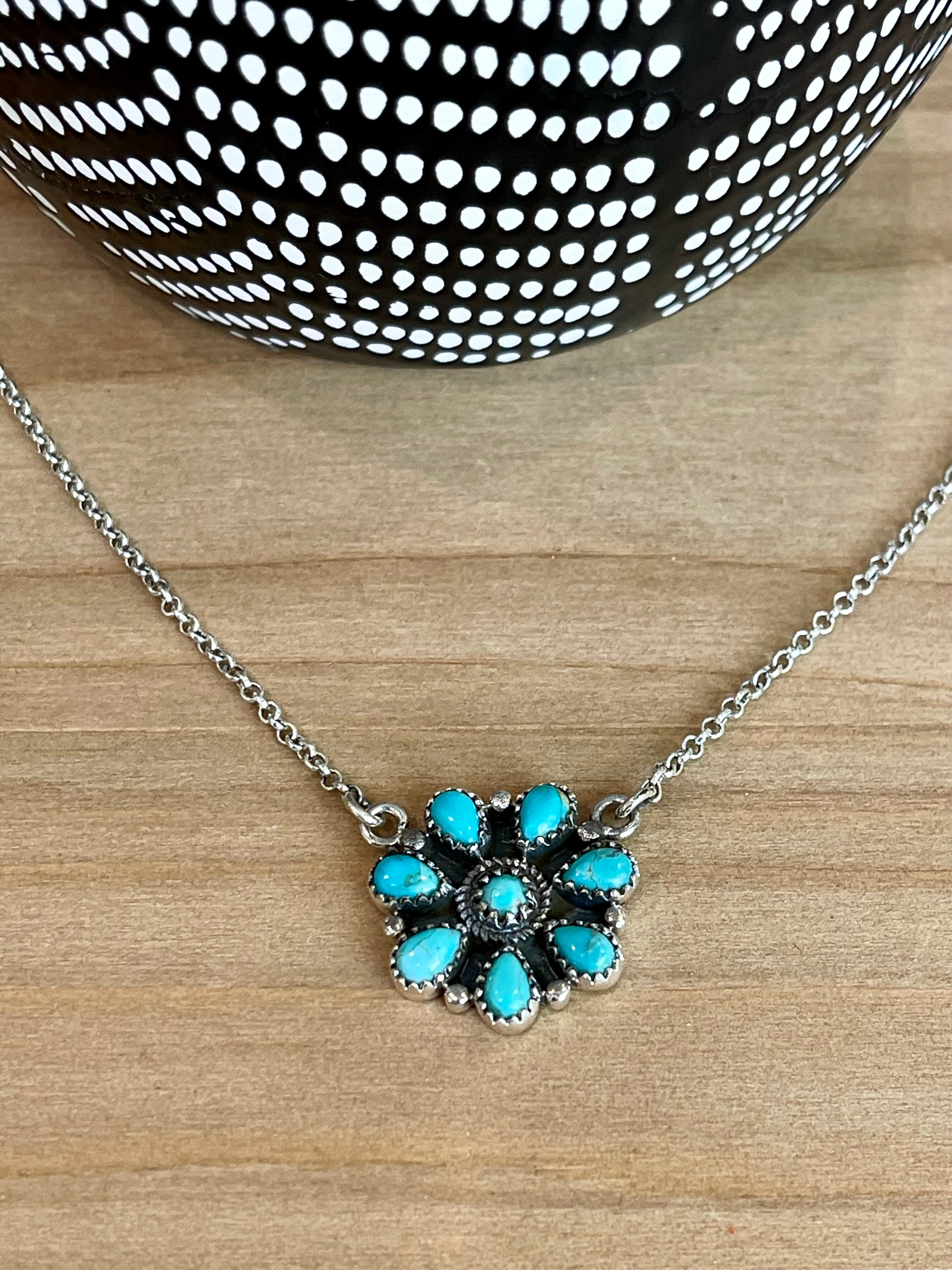 Southwest Handmade Kingman Turquoise & Sterling Silver Cluster Flower Necklace