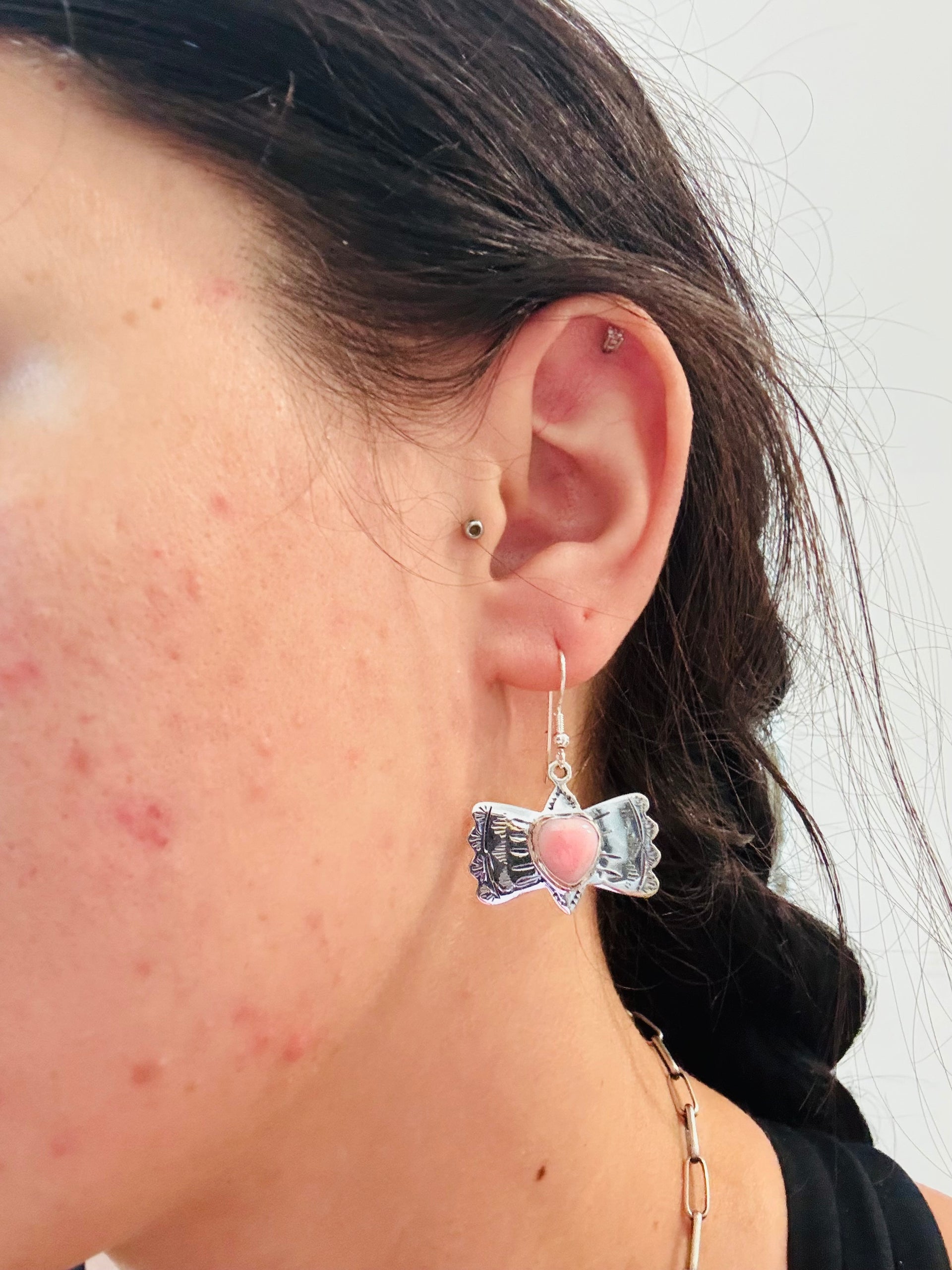 Southwest Made Pink Conch & Sterling Silver Dangle Earrings