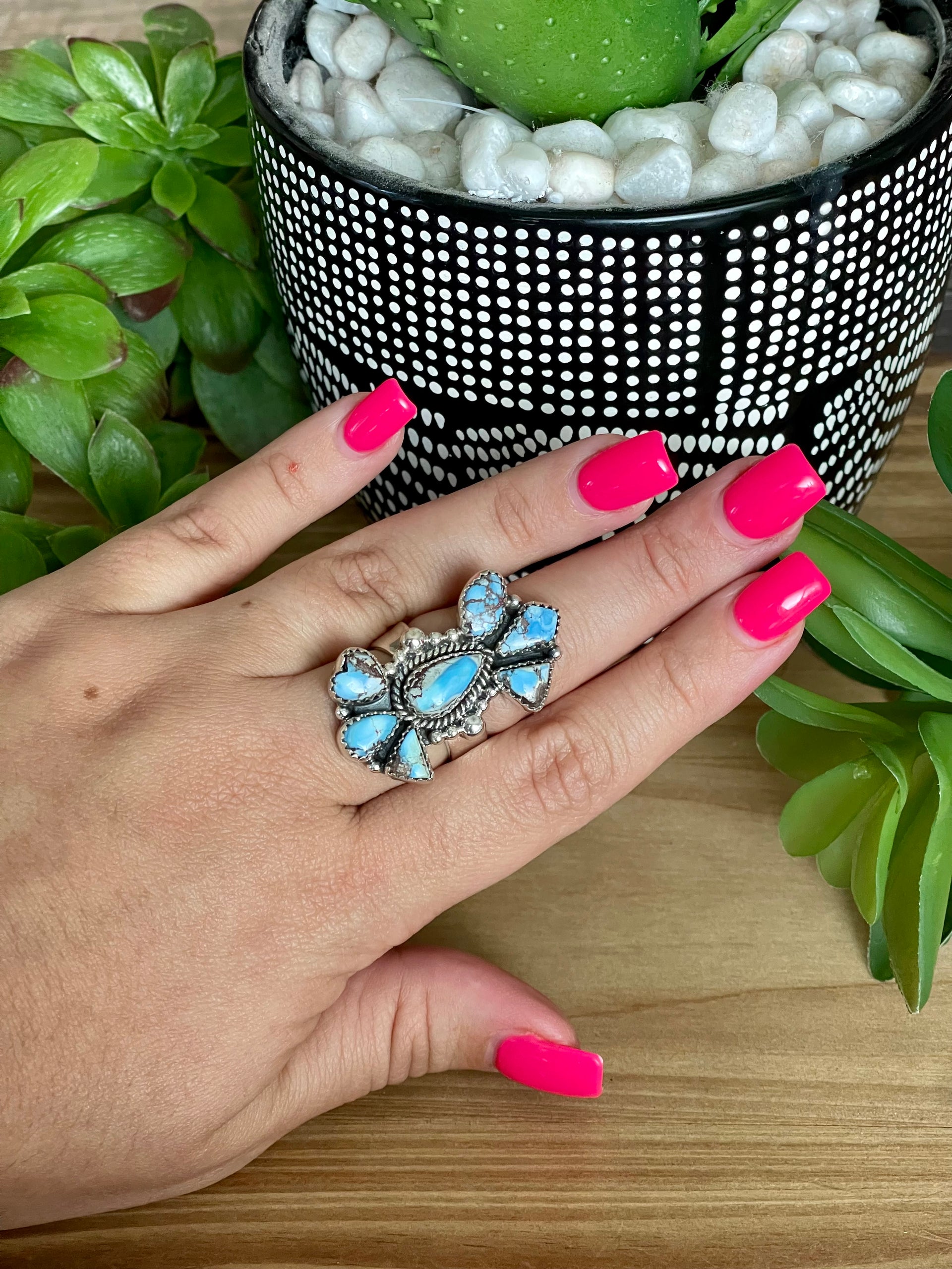 Southwest Handmade Golden Hills Turquoise & Sterling Silver Adjustable Cluster Ring