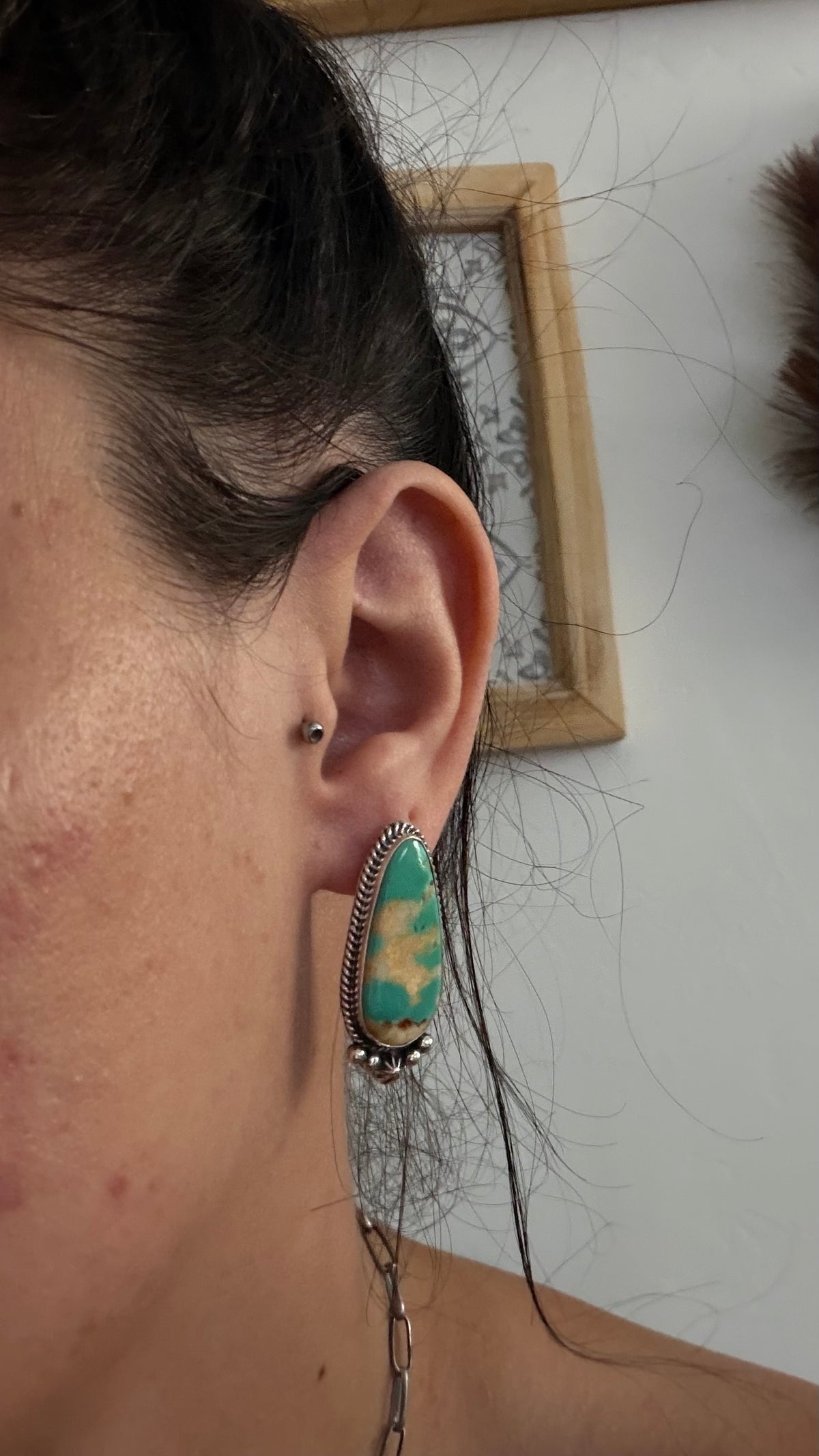 Navajo Made Royston Turquoise & Sterling Silver Post Dangle Earrings