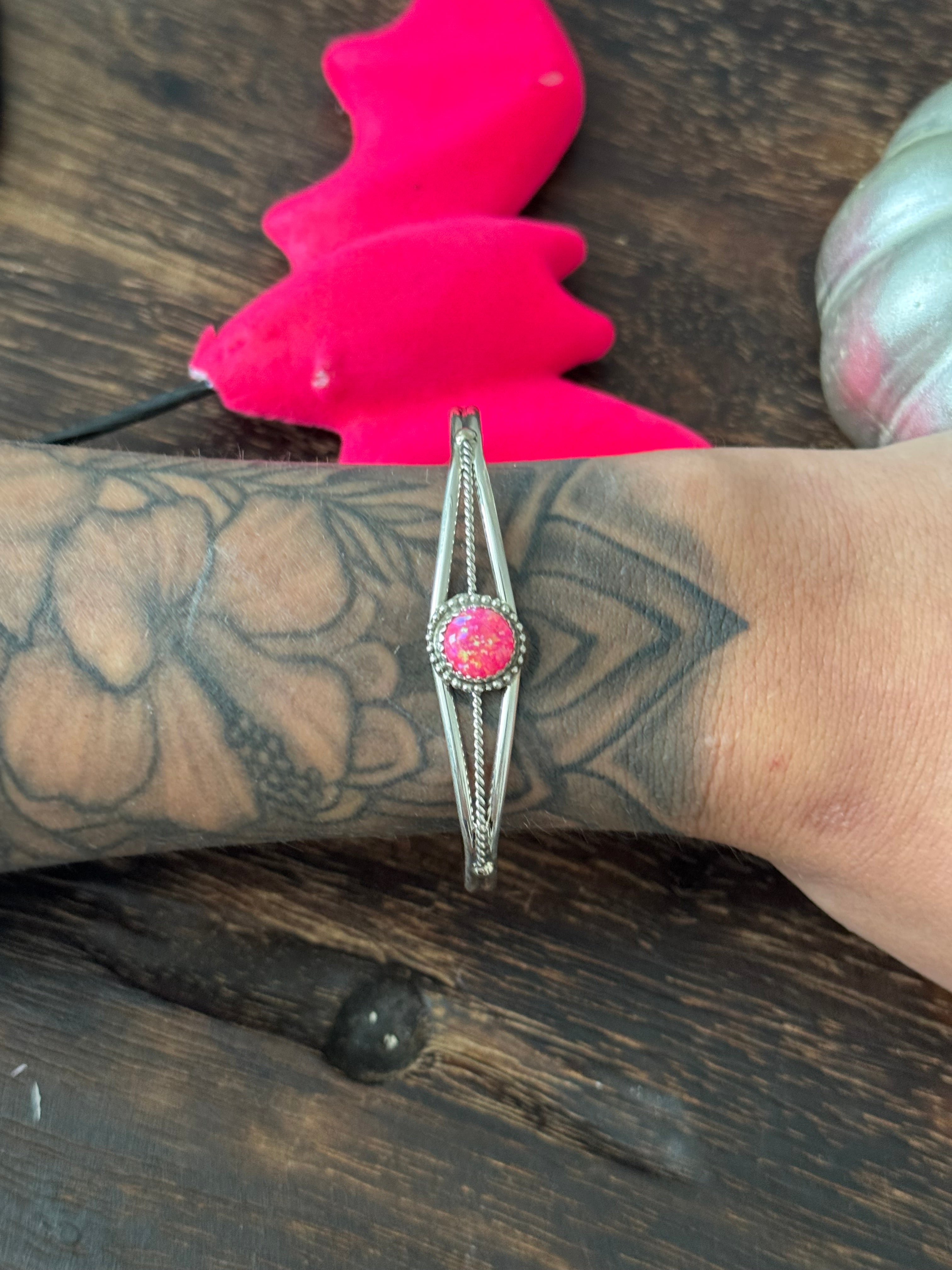 Navajo Made Pink Opal & Sterling Silver Cuff Bracelet