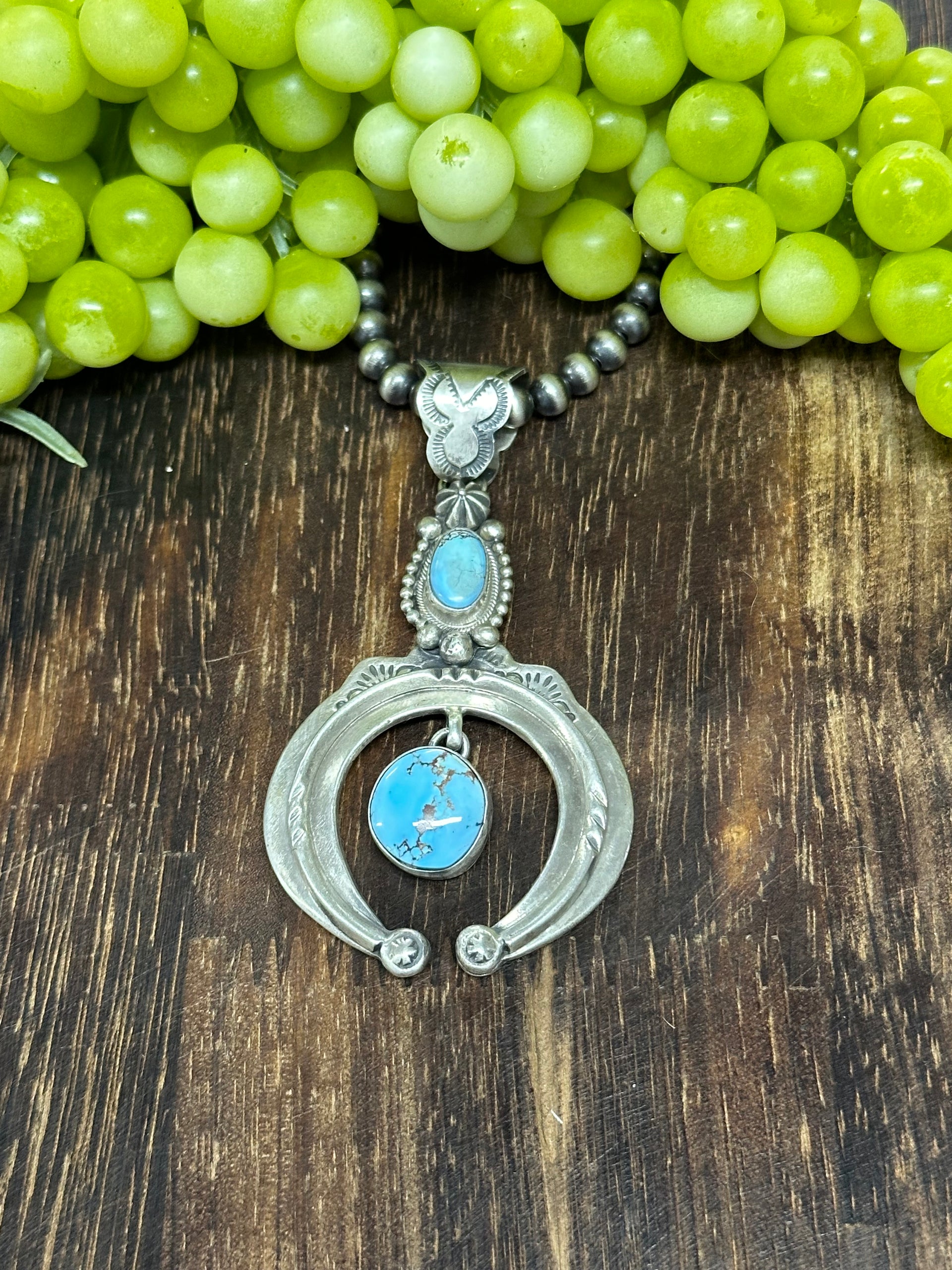 Navajo Made Golden Hills Turquoise & Sterling Silver Naja Necklace