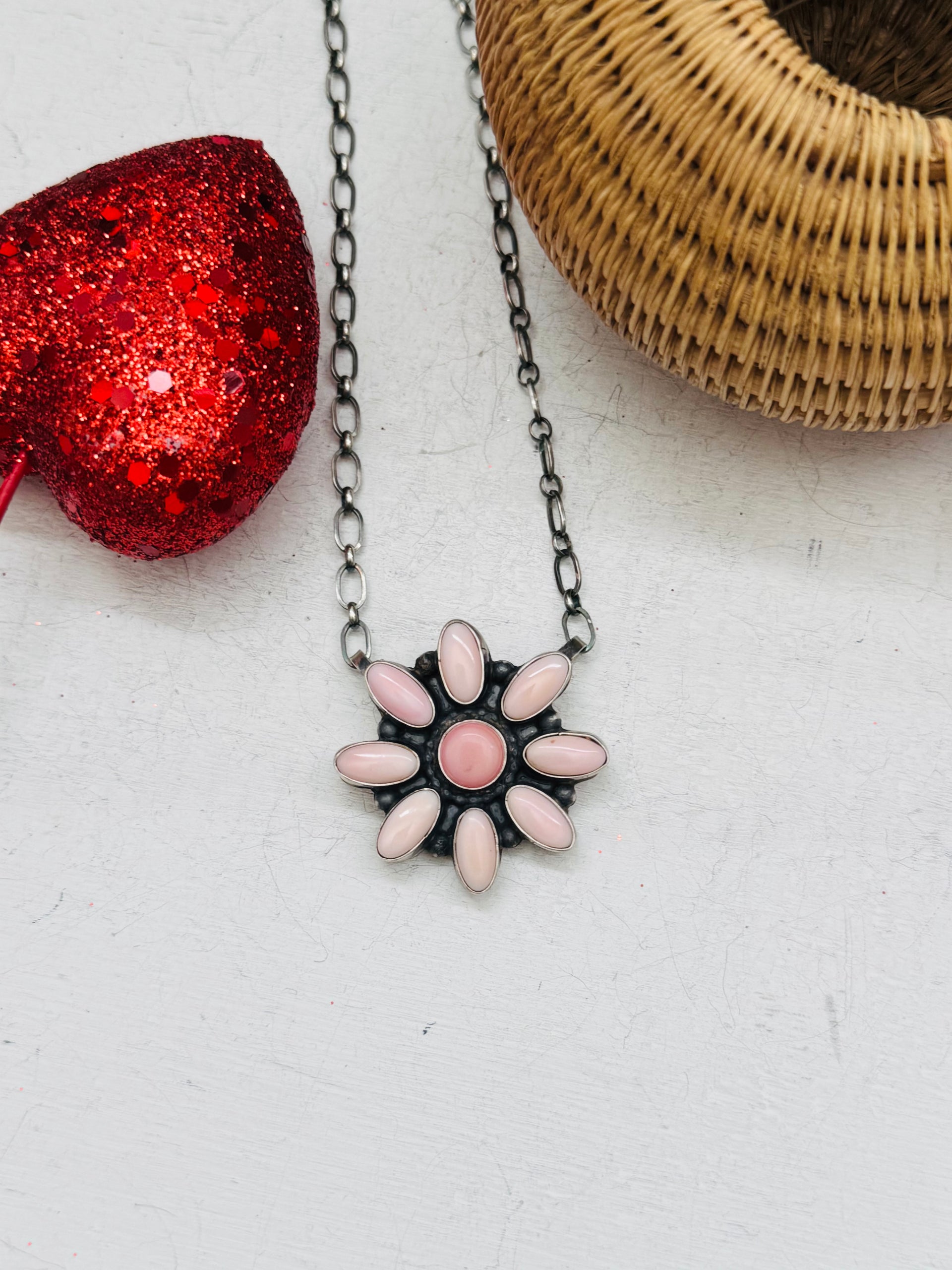 Linda Yazzie Pink Conch and Sterling Silver Cluster Necklace