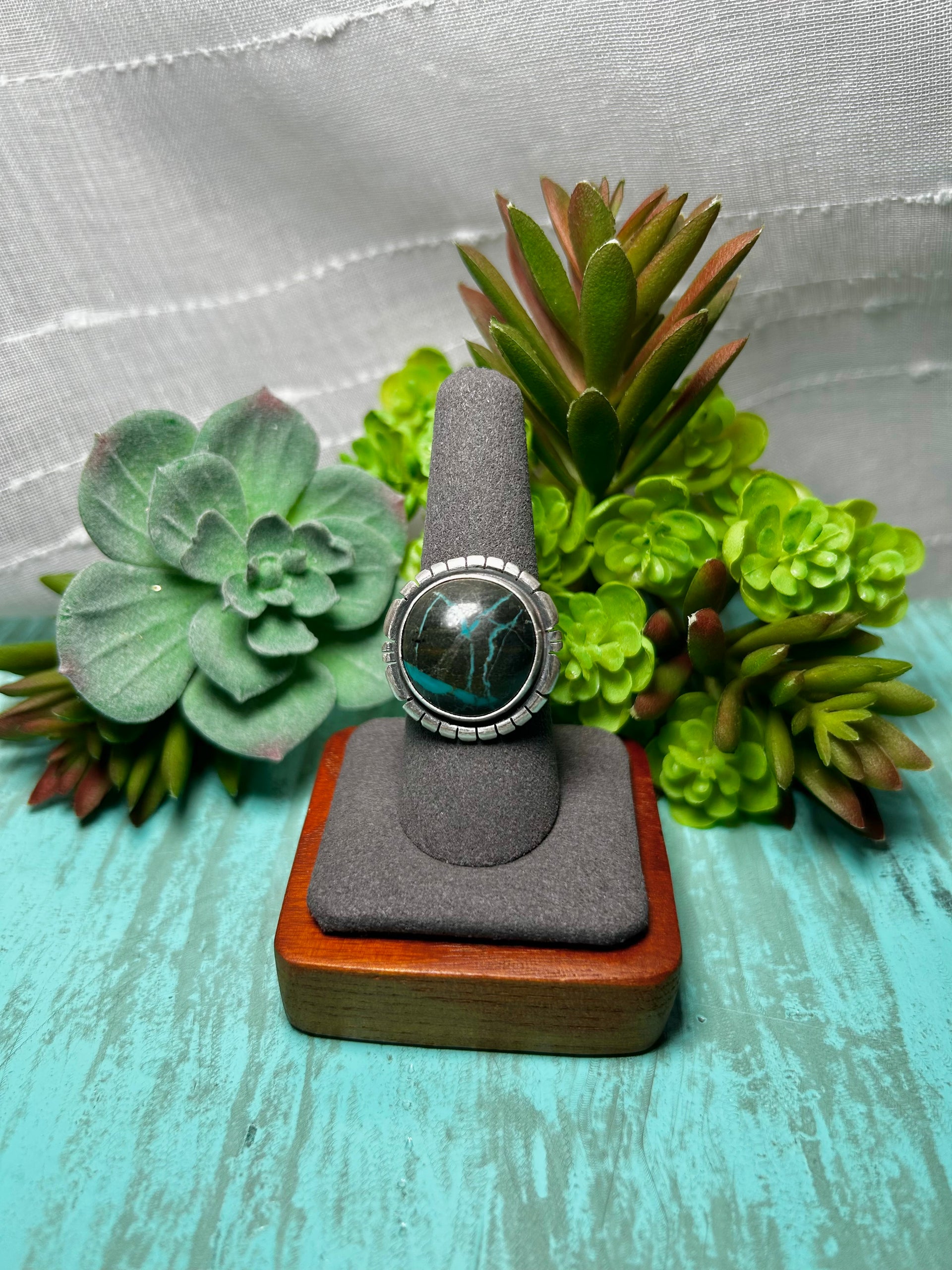 Navajo Made Blue Moon Turquoise & Sterling Sliver Ring Size 8.75