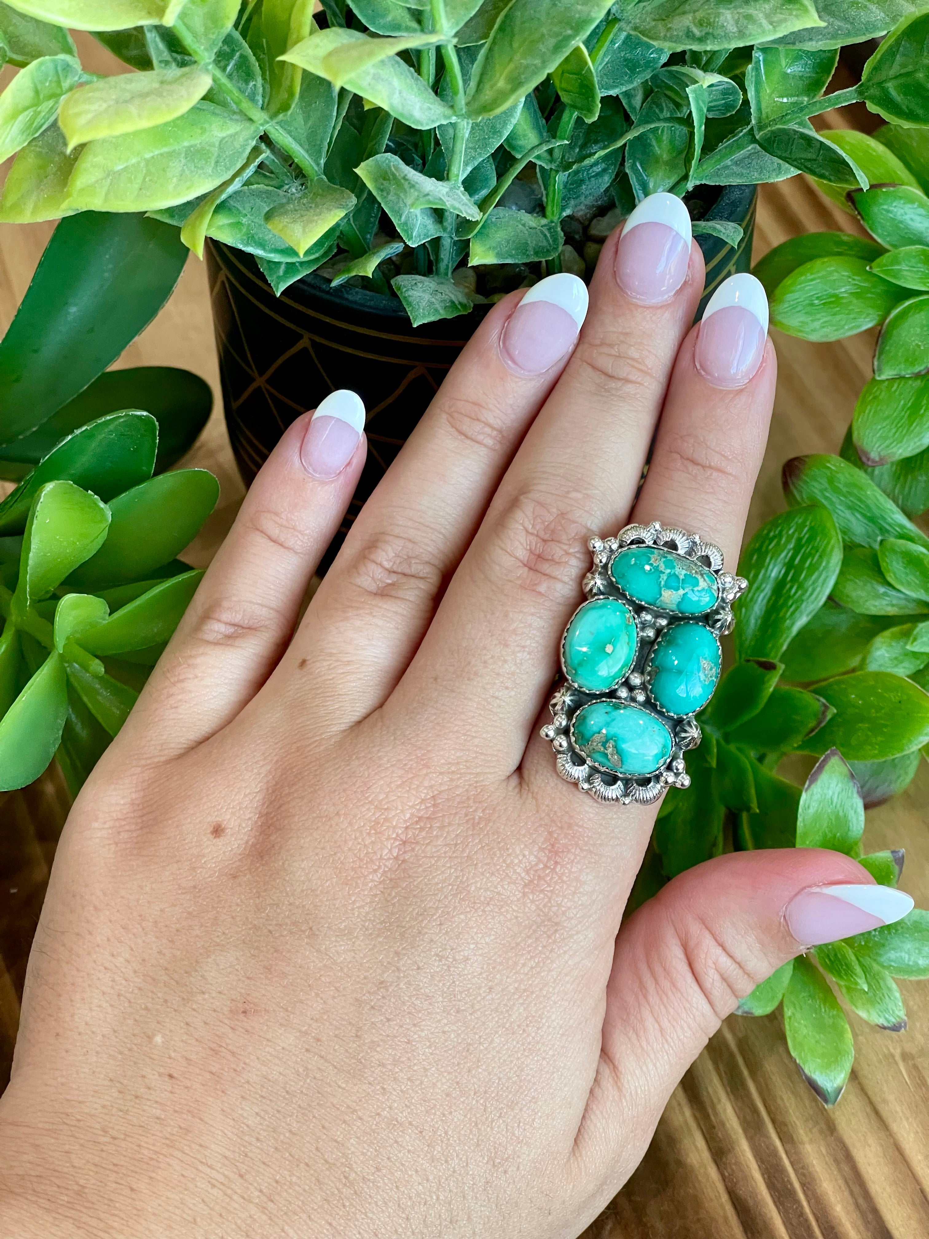 Southwest Handmade Emerald Valley Turquoise & Sterling Silver Adjustable Cluster Ring