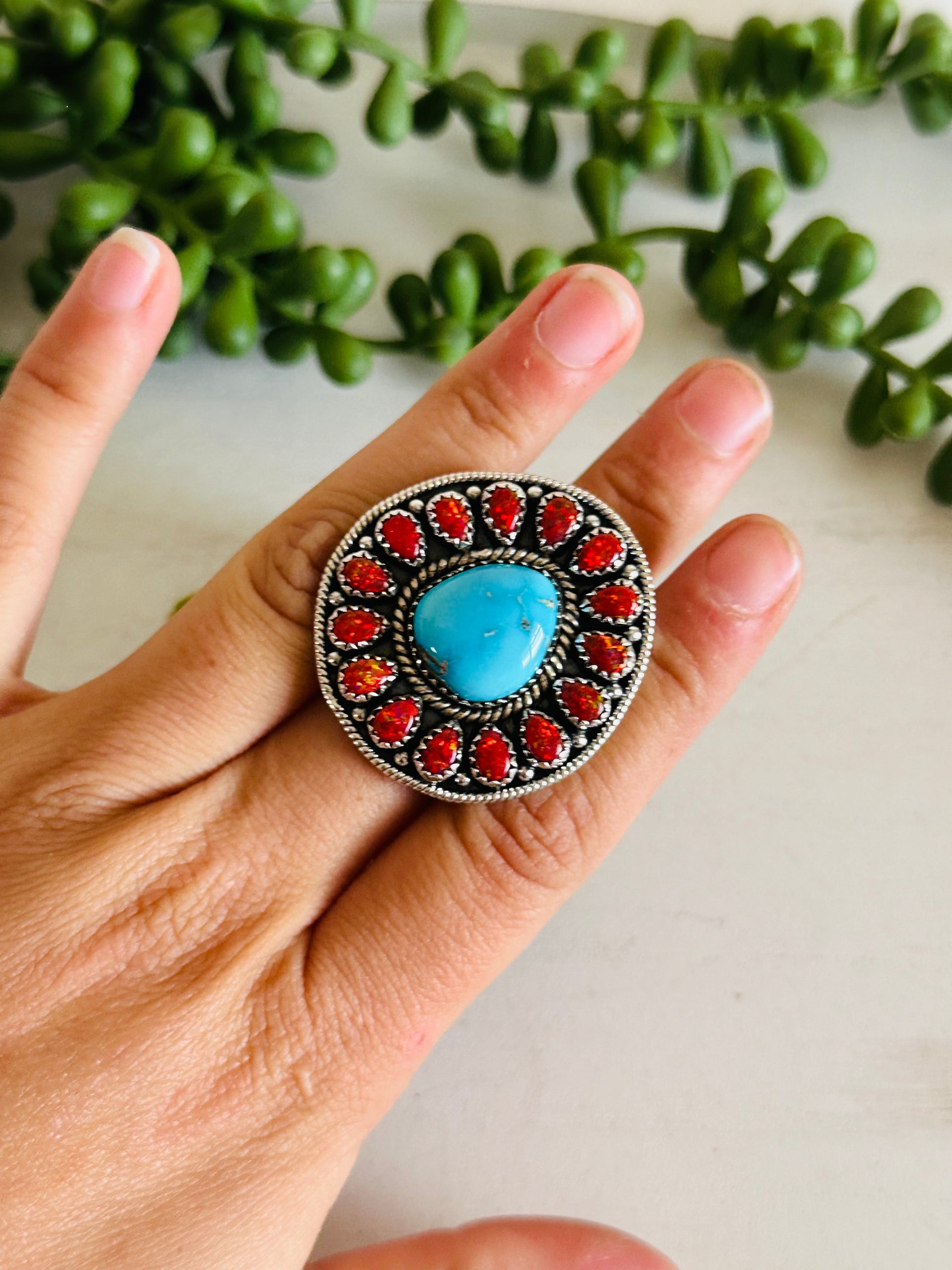 Southwest Handmade Multi Stone & Sterling Silver Adjustable Cluster Ring
