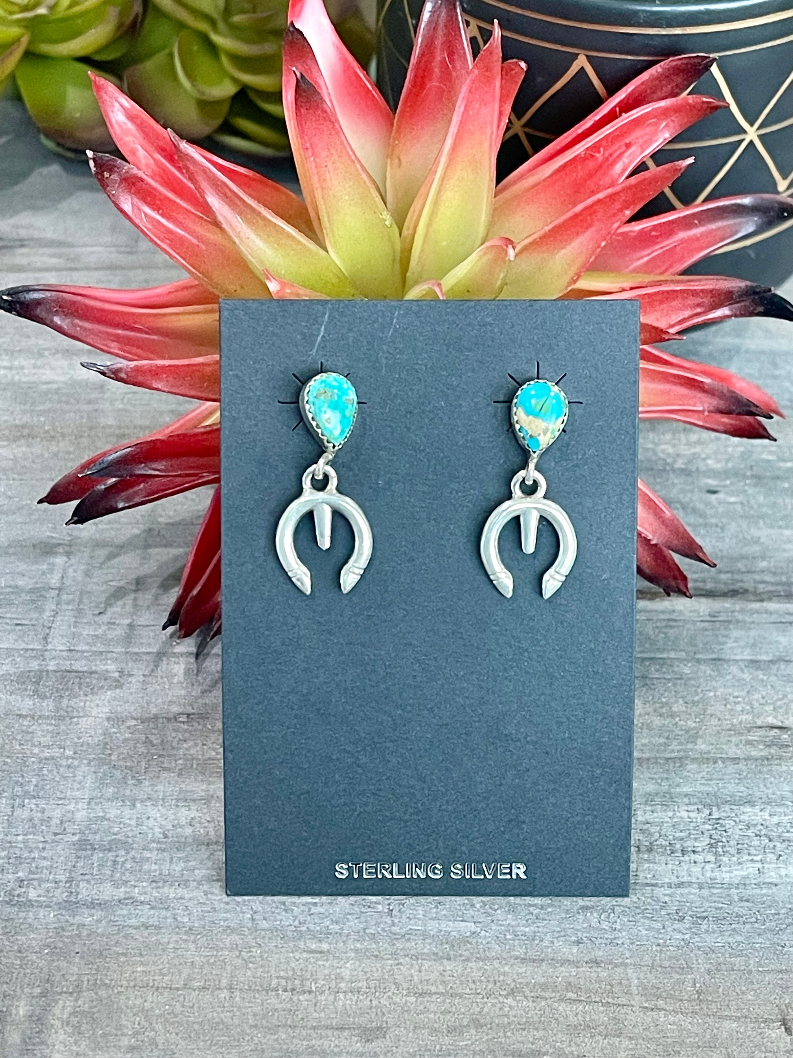 Southwest Handmade Kingman Turquoise & Sterling Silver Post Dangle Naja Earrings