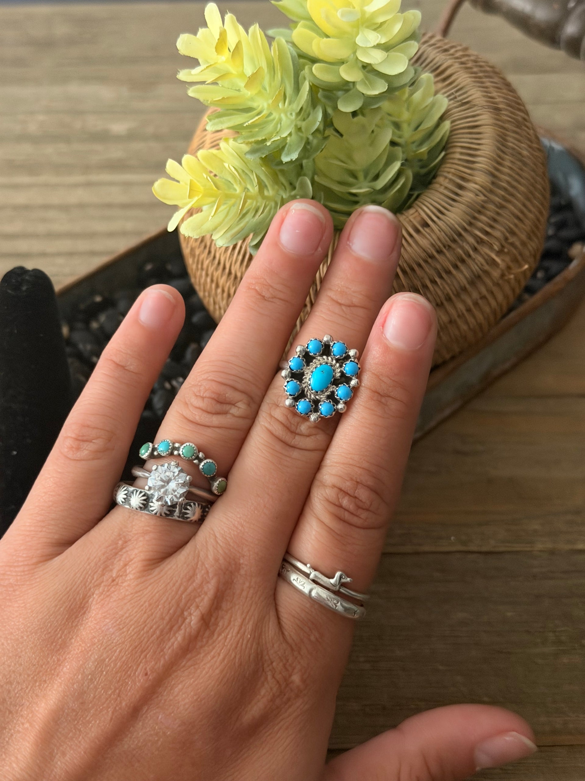 Navajo Made Sleeping Beauty Turquoise & Sterling Silver Cluster Ring