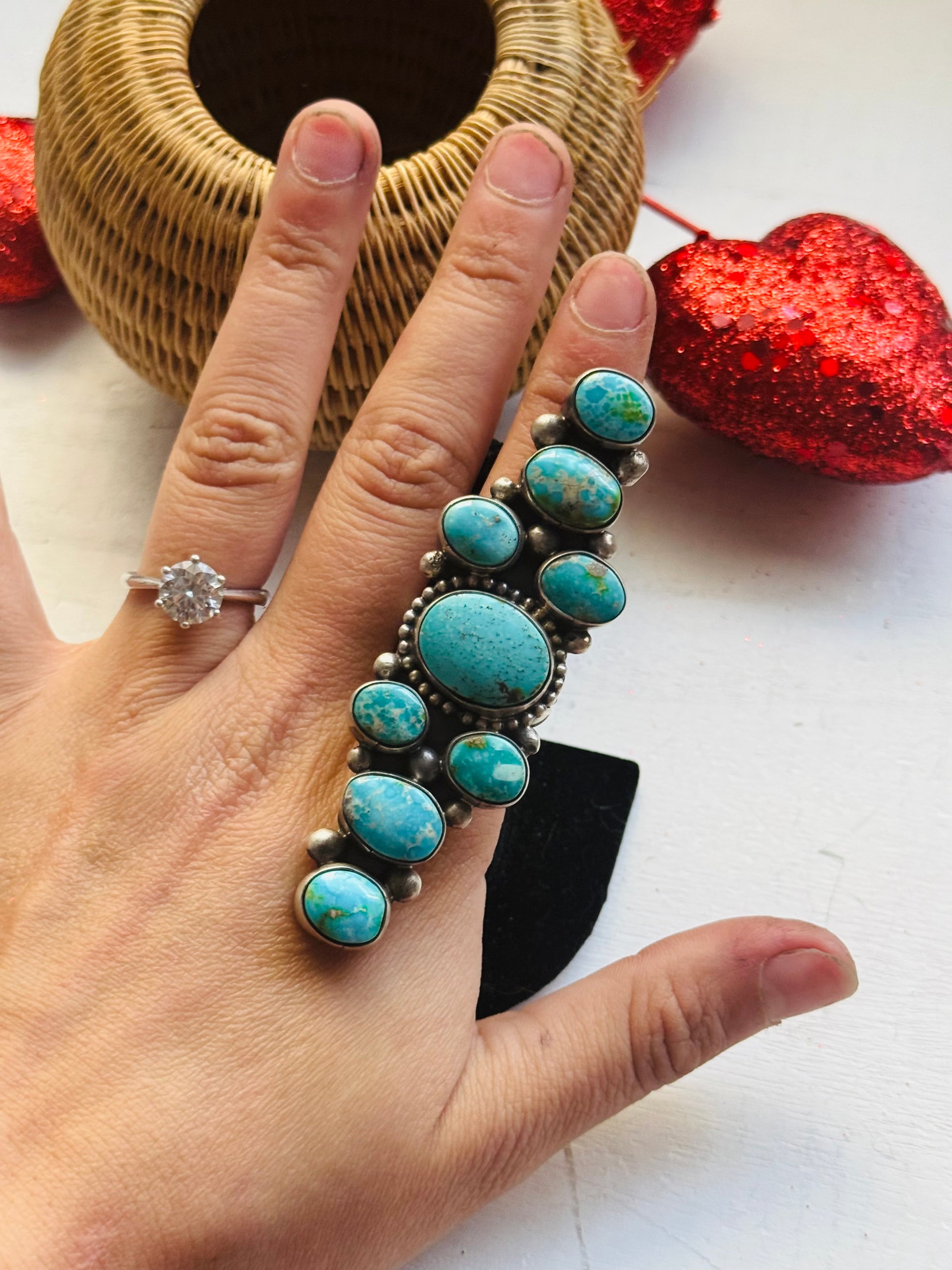 Navajo Handmade Sonoran Mountain Turquoise & Sterling Silver Cluster Ring Size 8.75