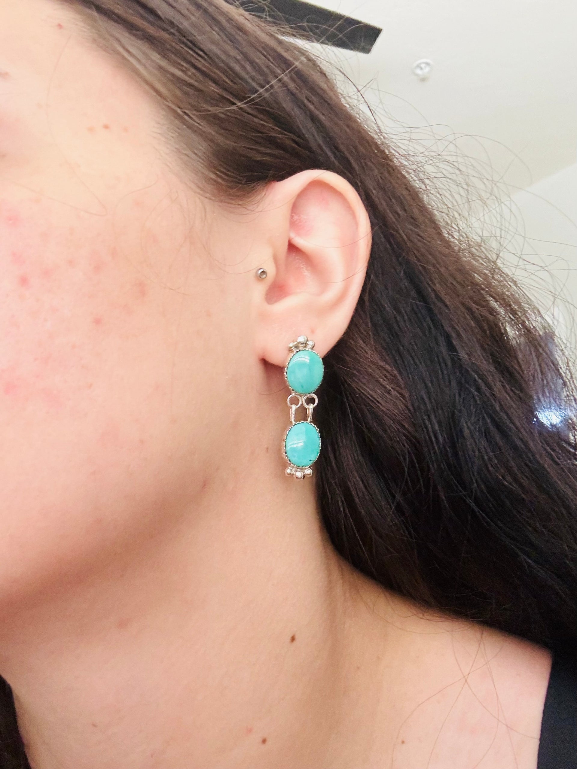 Navajo Made Kingman Turquoise & Sterling Silver Post Dangle Earrings