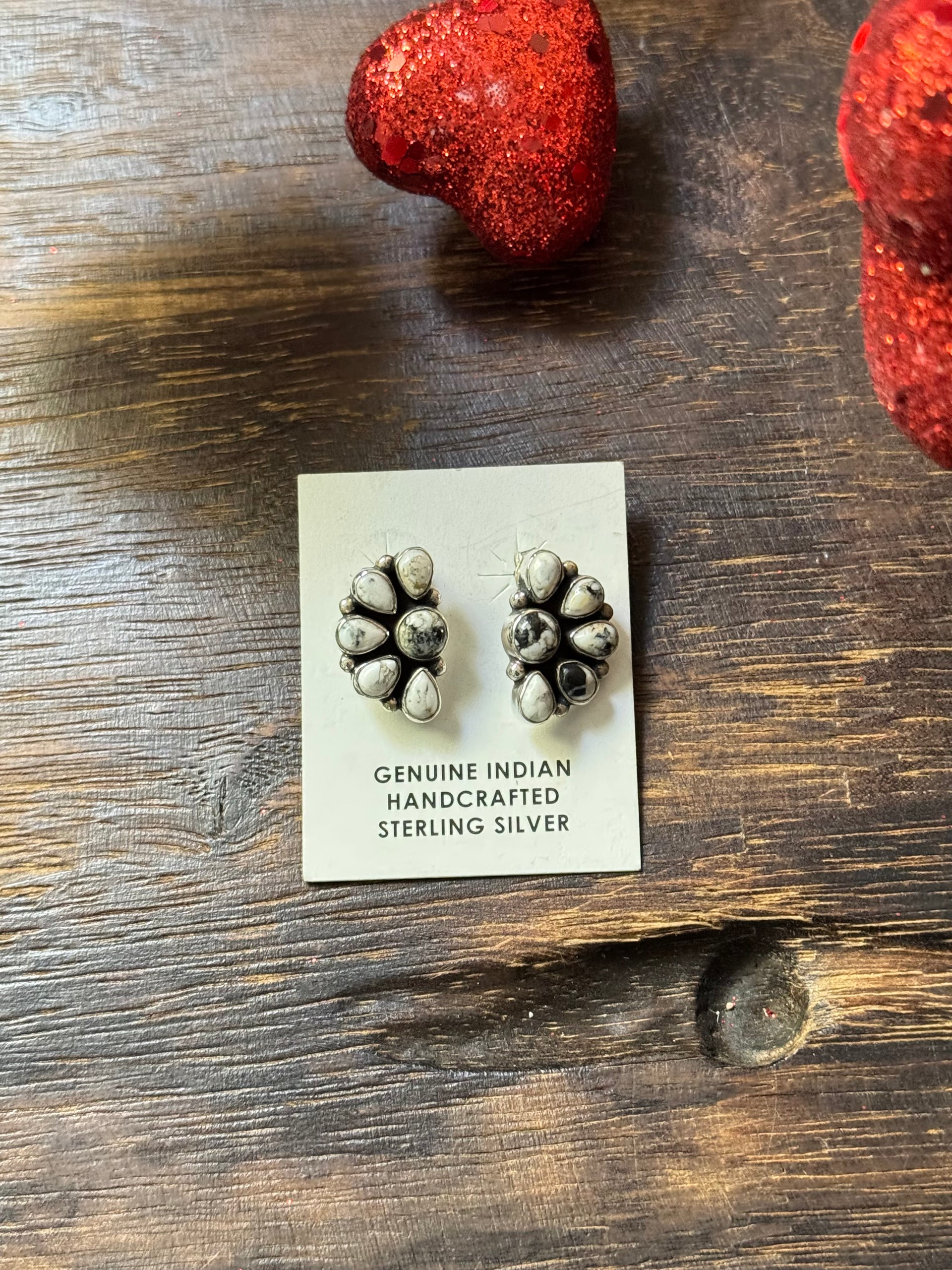 Southwest Handmade White Buffalo & Sterling Silver Post Half Cluster Earrings