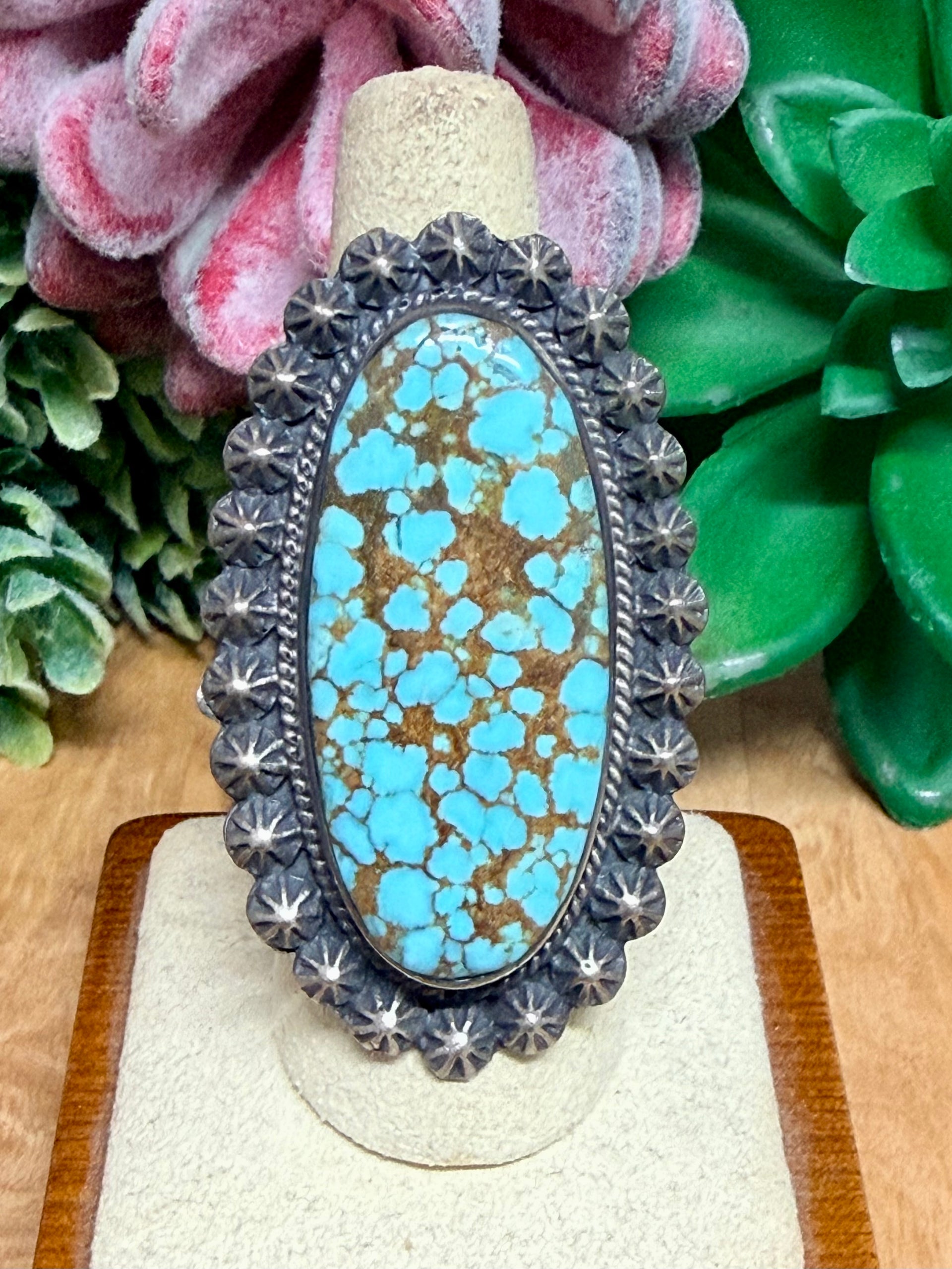 Southwest Handmade #8 Turquoise & Sterling Silver Ring Size 7.5