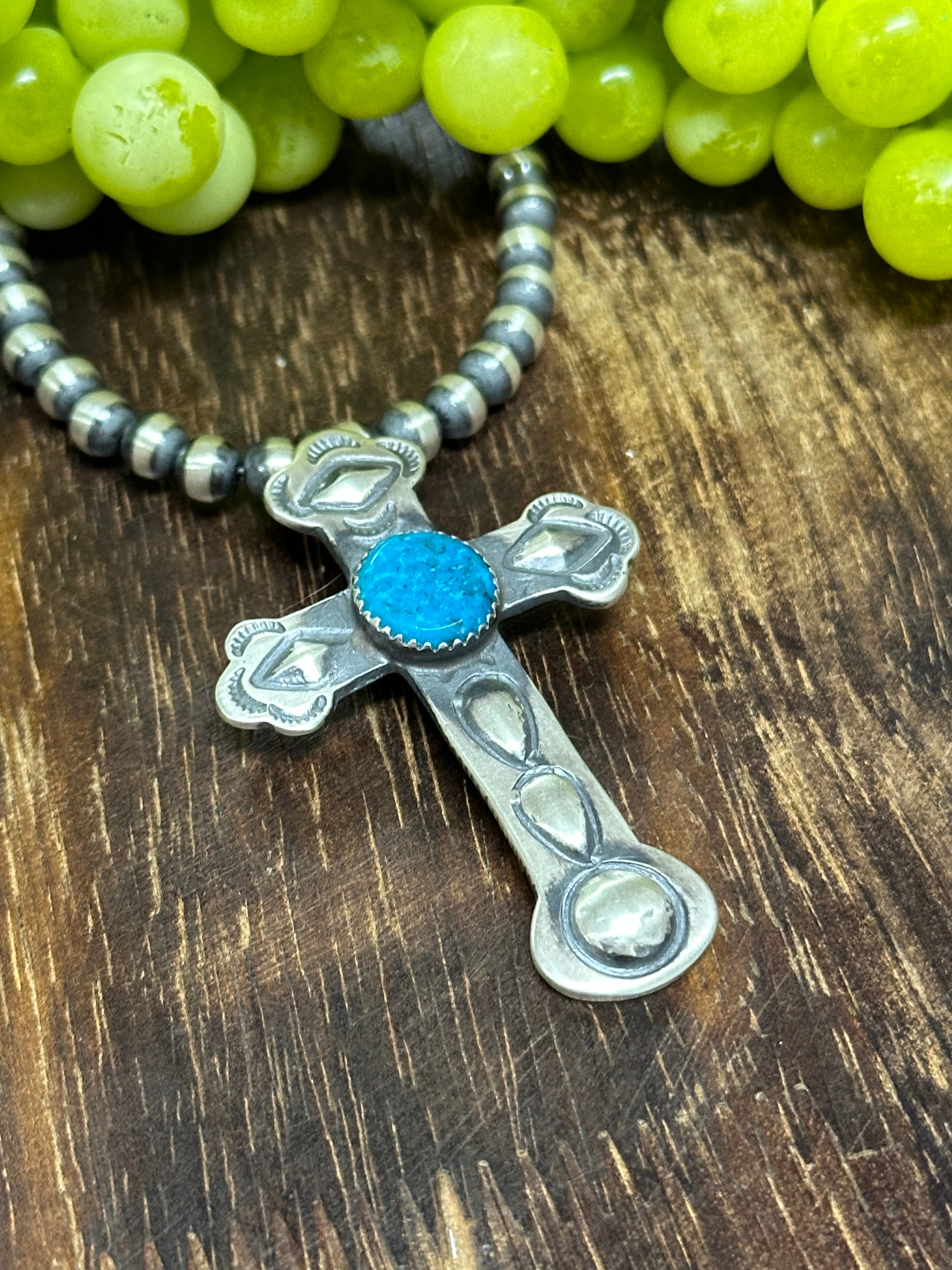 Navajo Made Kingman Turquoise & Sterling Silver Cross Pendant