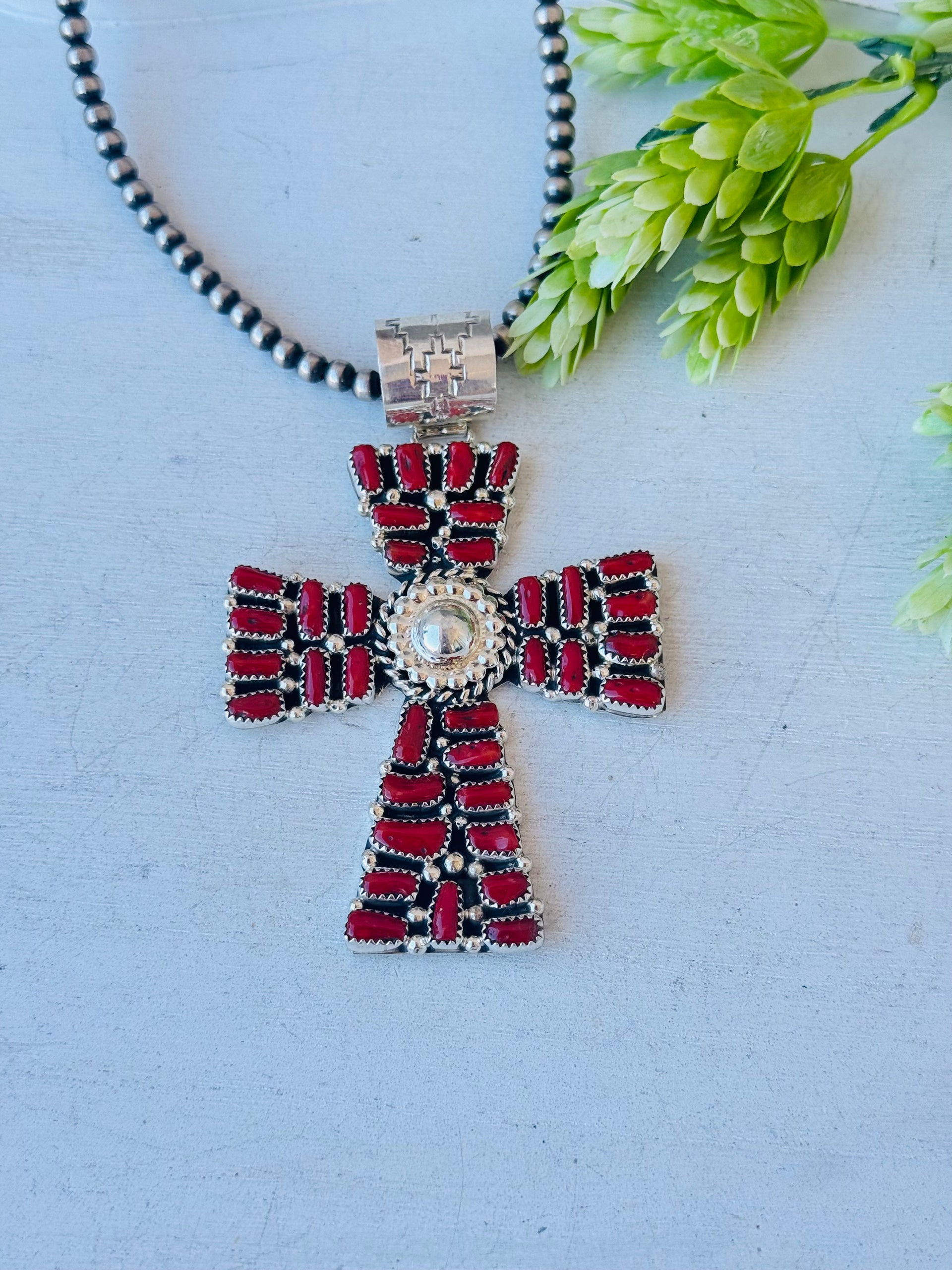 Navajo Made Mediterranean Coral & Sterling Silver Pendant
