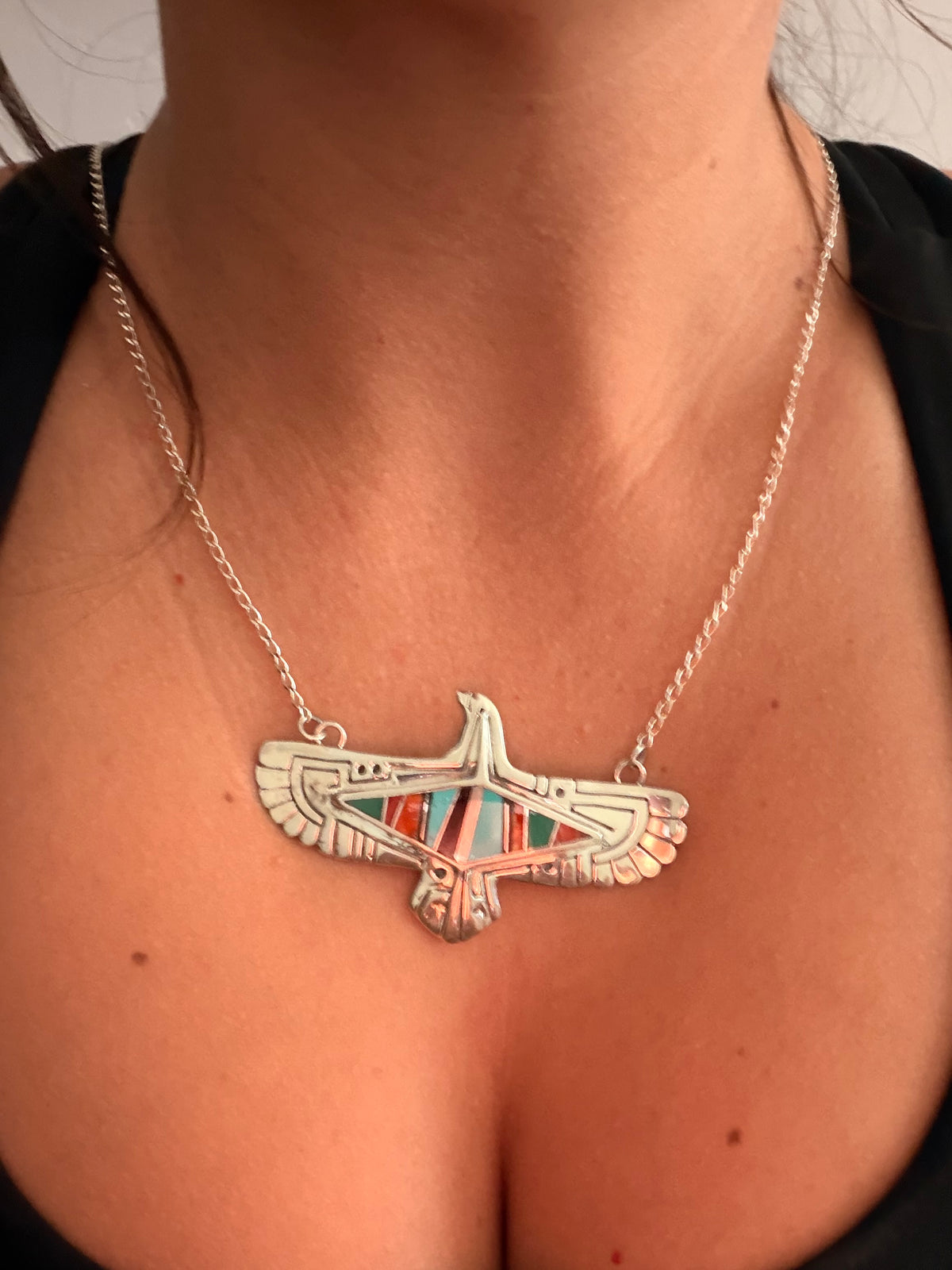 Navajo Made Multi Stone & Sterling Silver Inlay Necklace