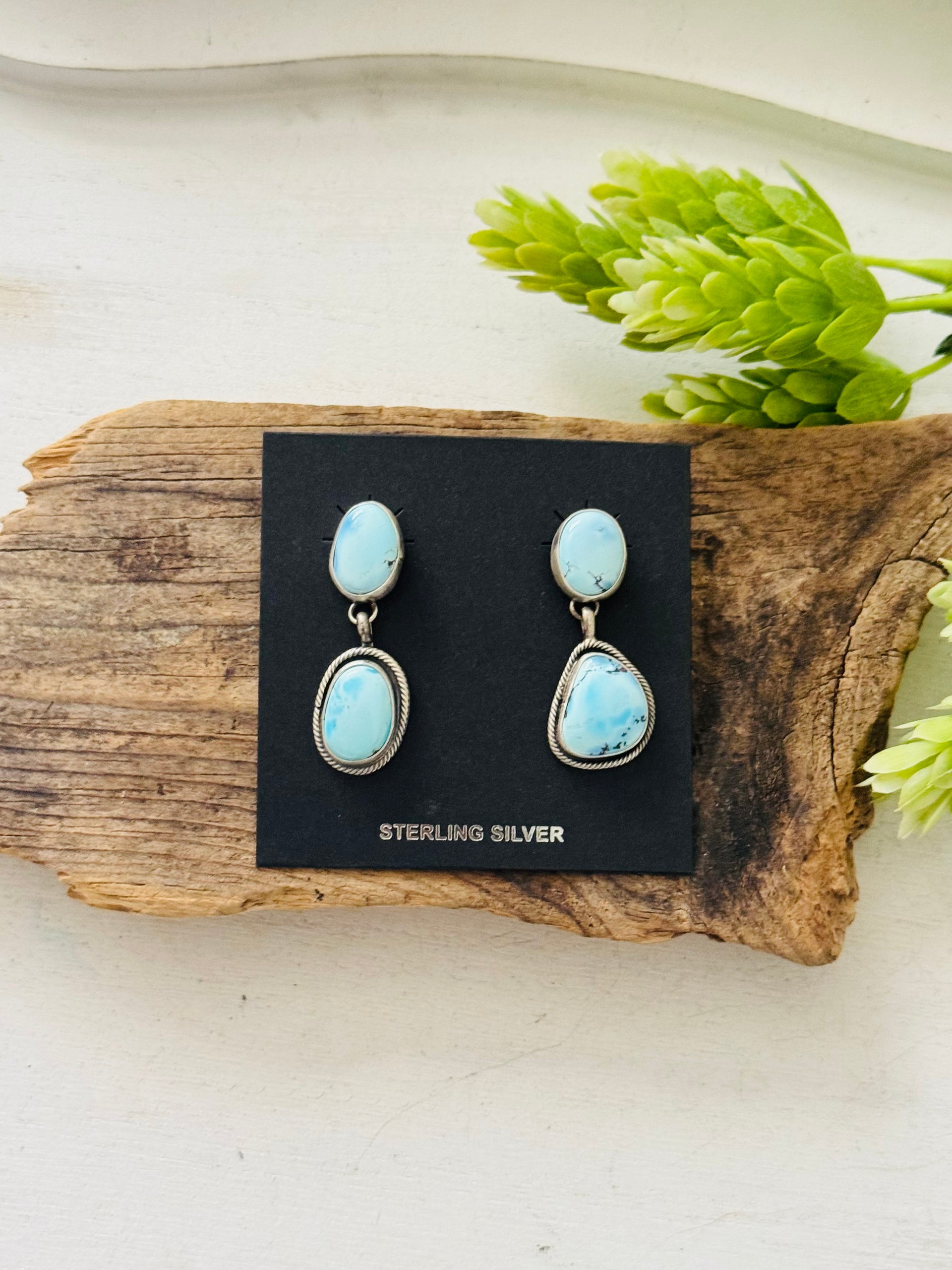 Rena Shelly Golden Hills Turquoise & Sterling Silver Post Dangle Earrings