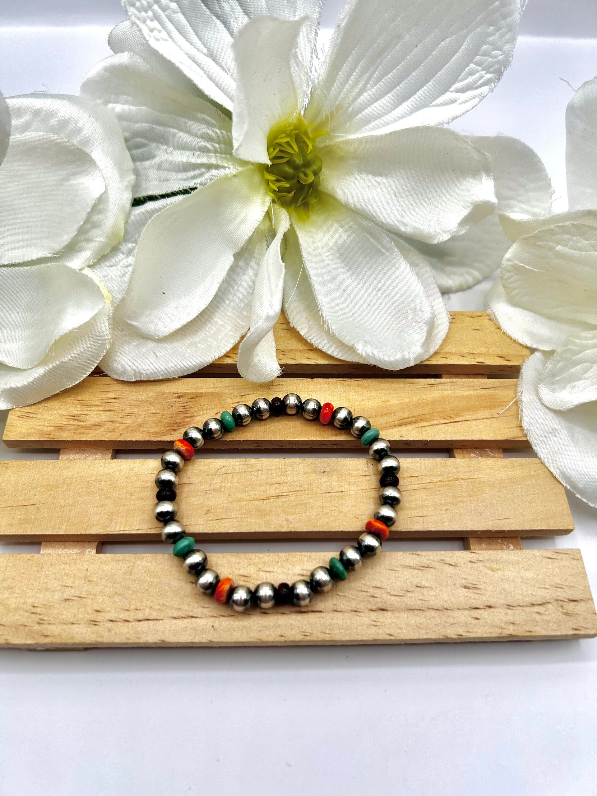 Navajo Made Multi Stone & Sterling Sliver  Strung Stretchy Bracelet