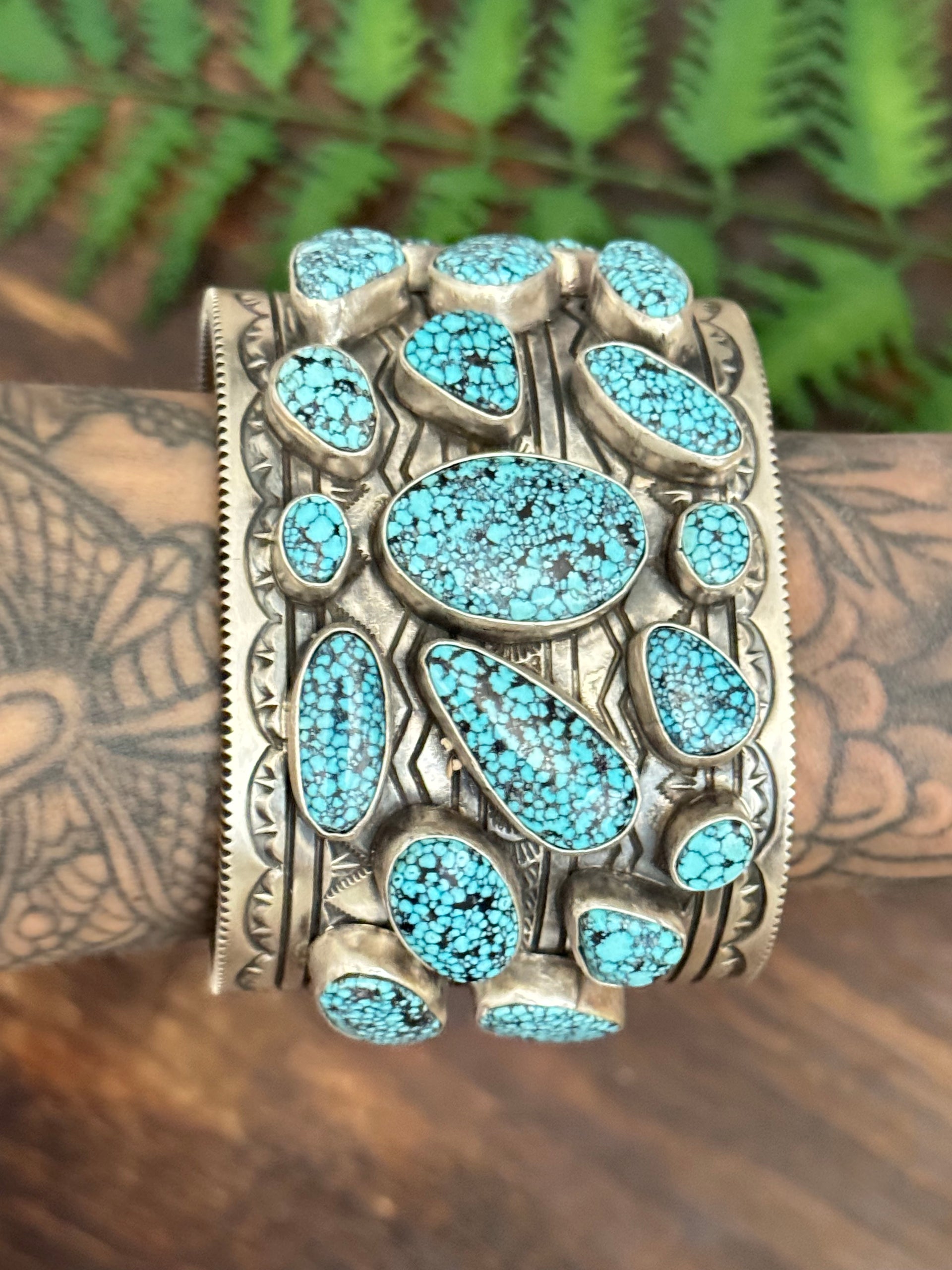 Charles Johnson Natural Black Spiderweb Turquoise & Sterling Silver Cluster Cuff Bracelet