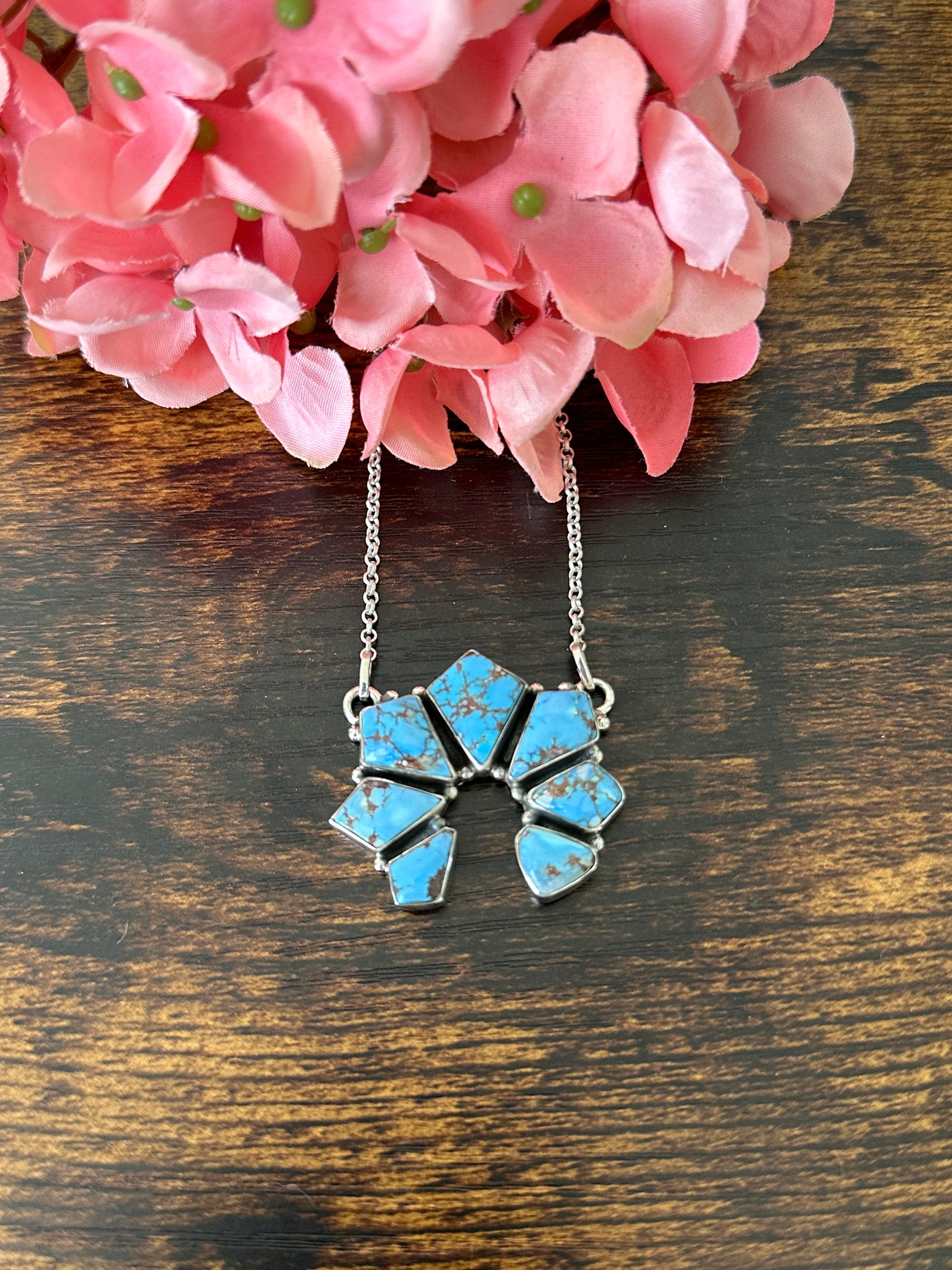 Southwest Handmade Golden Hills Turquoise & Sterling Silver Cluster Naja Necklace