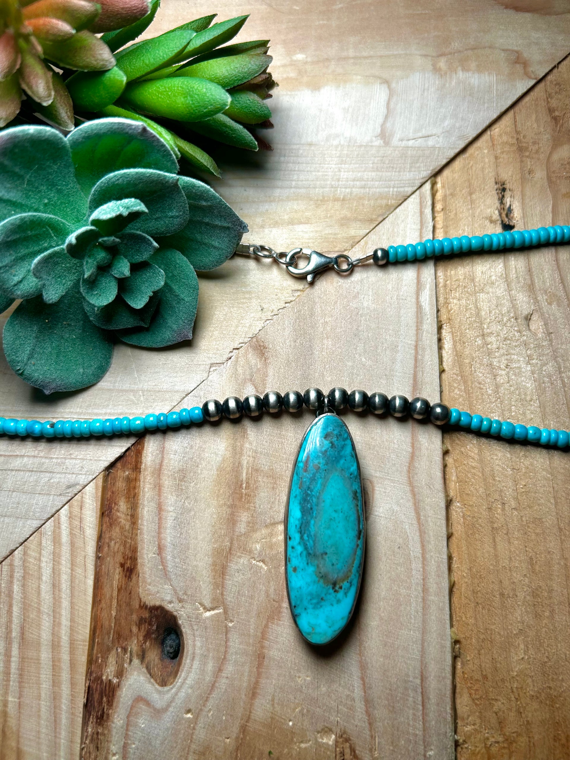 Navajo Made Kingman Turquoise & Sterling Silver Necklace