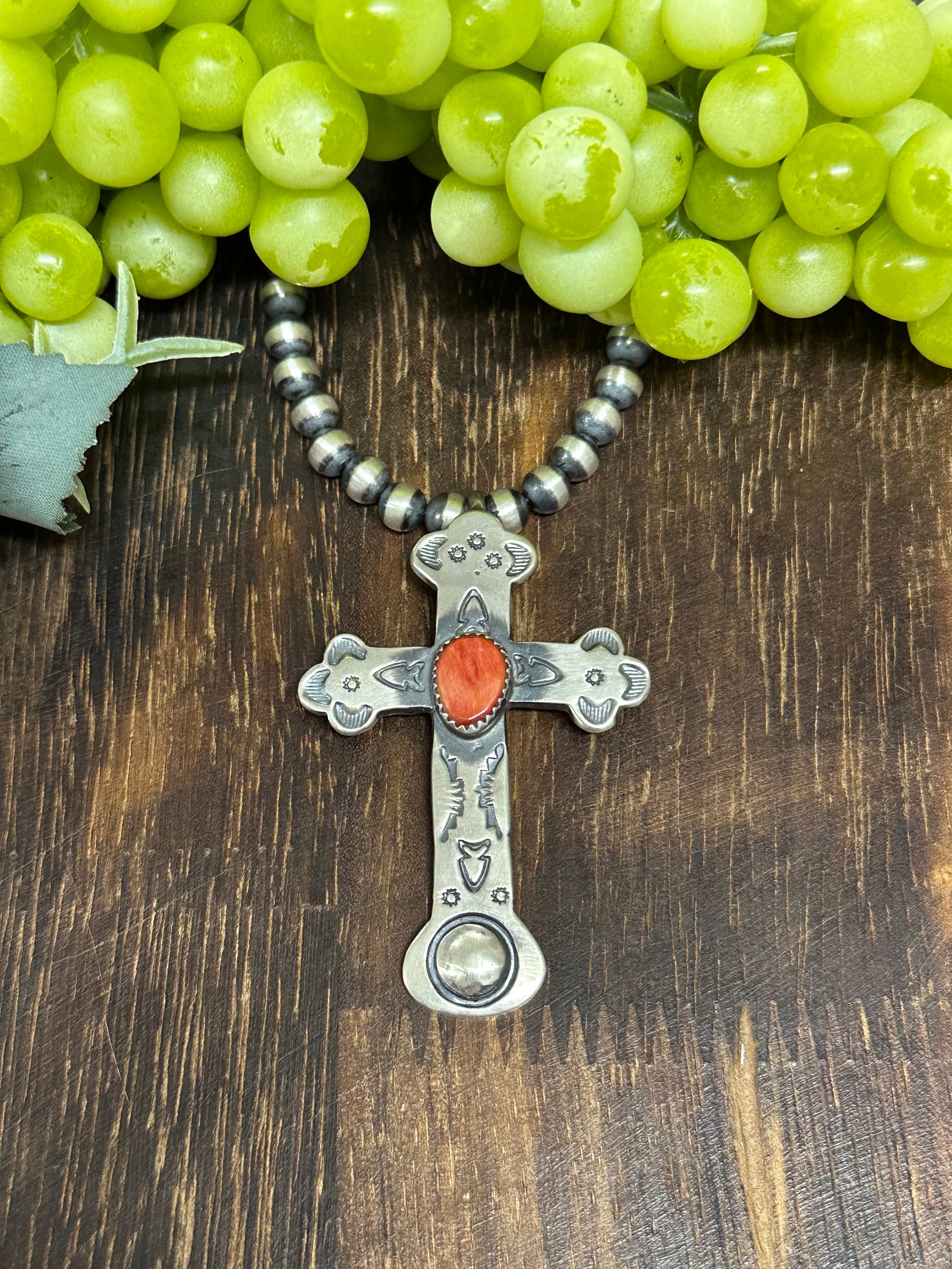 Navajo Made Spiny Oyster & Sterling Silver Cross Pendant