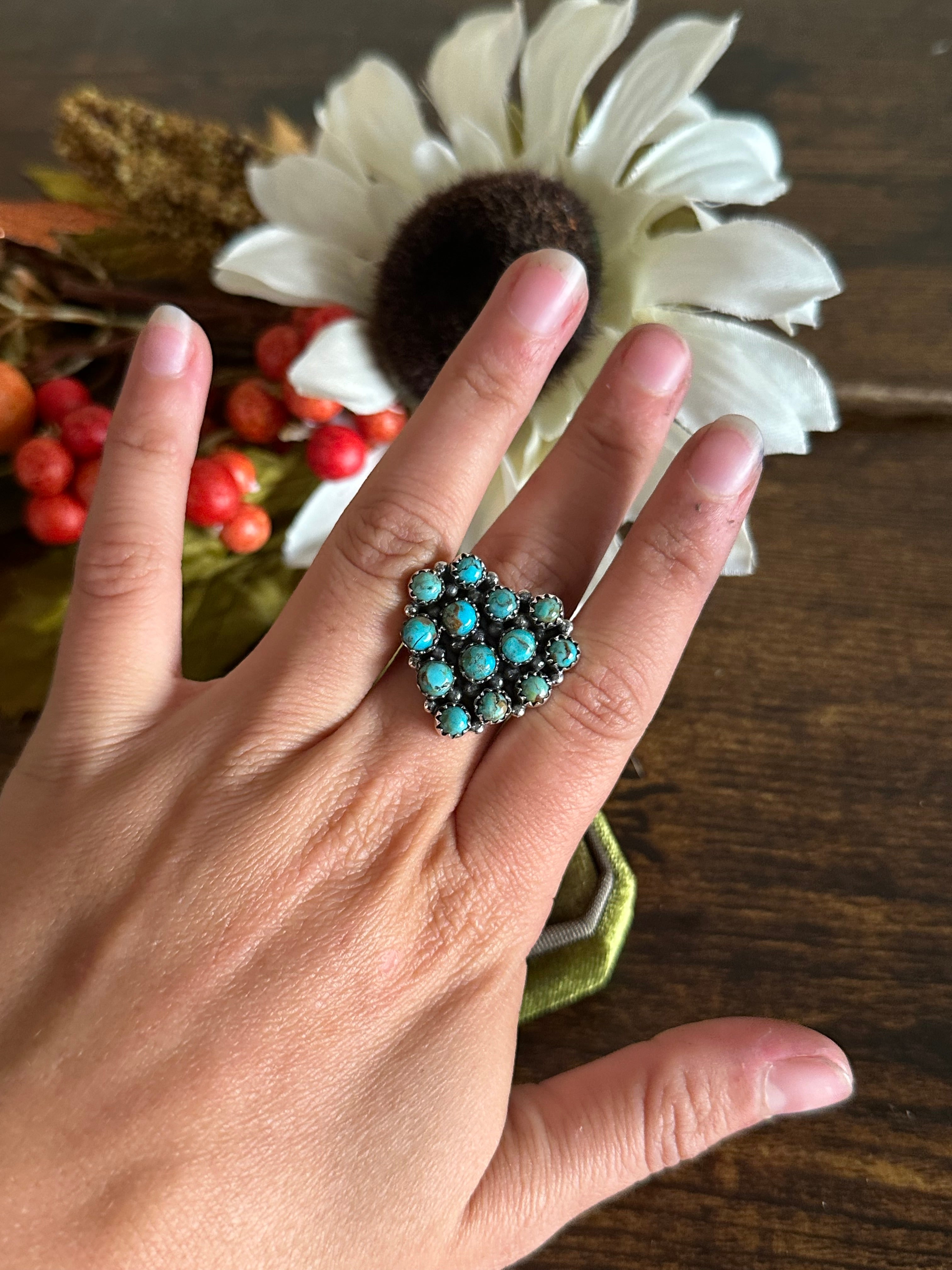 Southwest Handmade Kingman Turquoise & Sterling Silver Adjustable Heart Ring