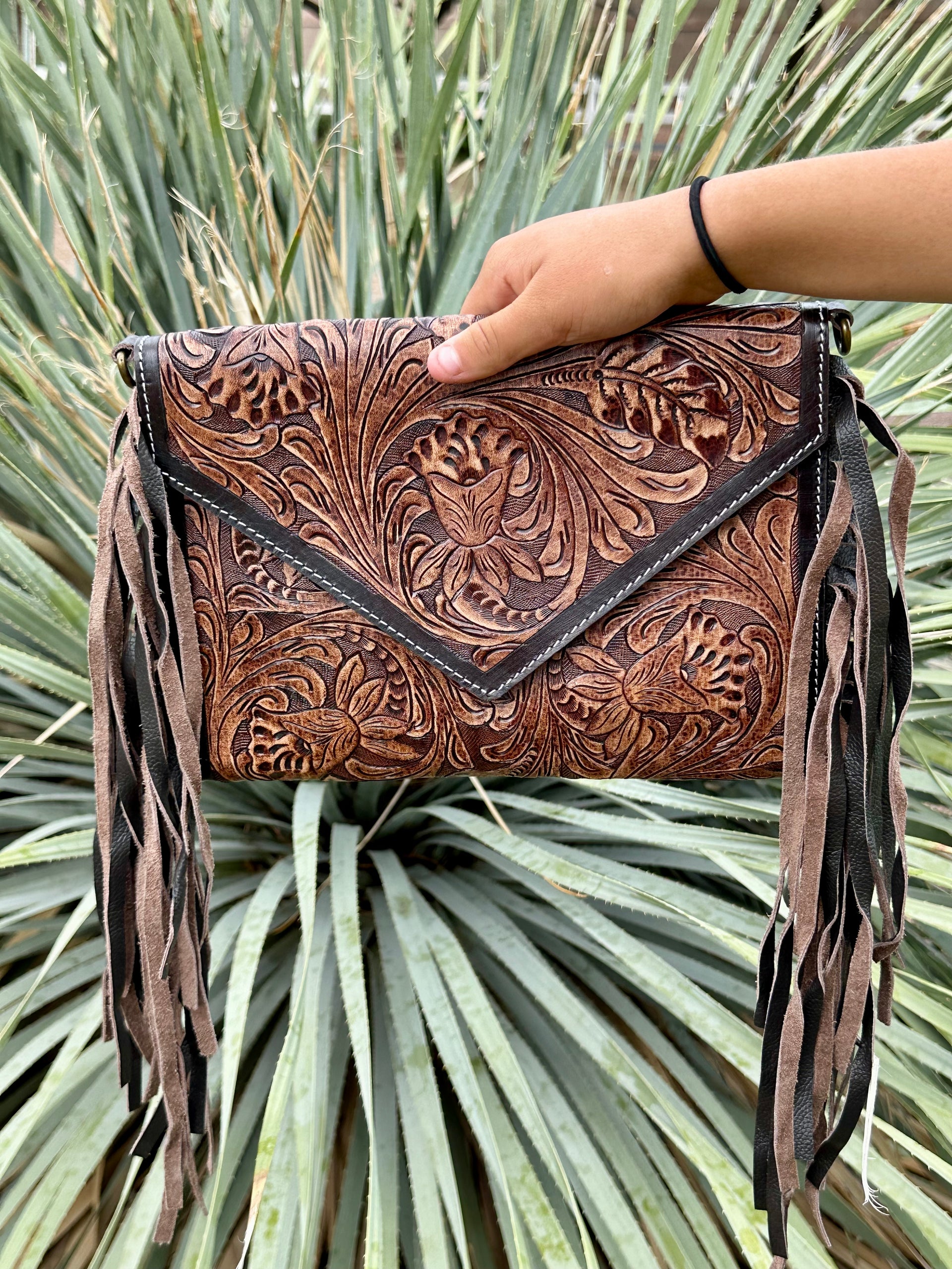 Genuine Leather Tooled Cross Body Fringe Purse