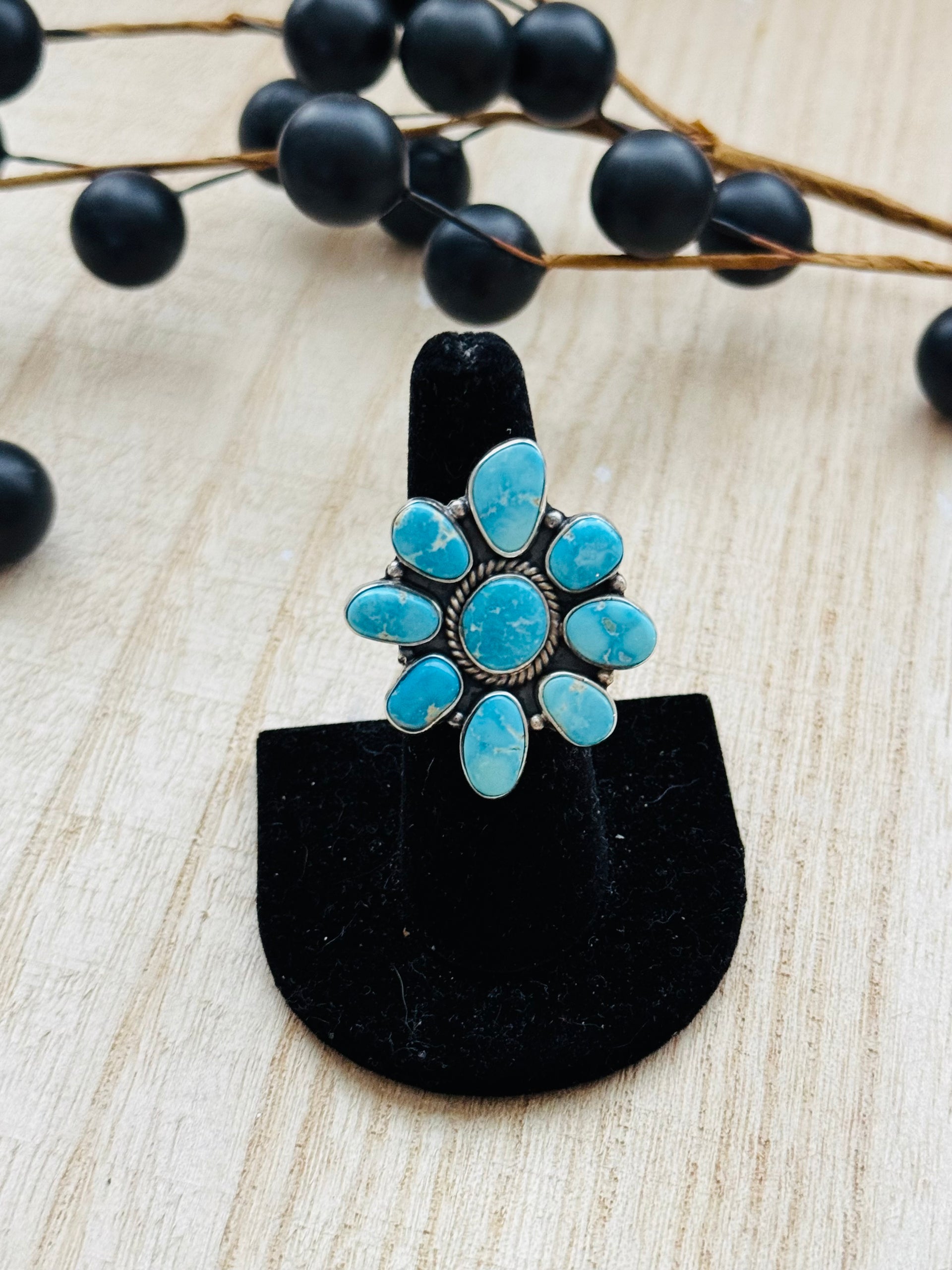 Southwest Handmade Valley Blue Turquoise & Sterling Silver Adjustable Cluster Ring