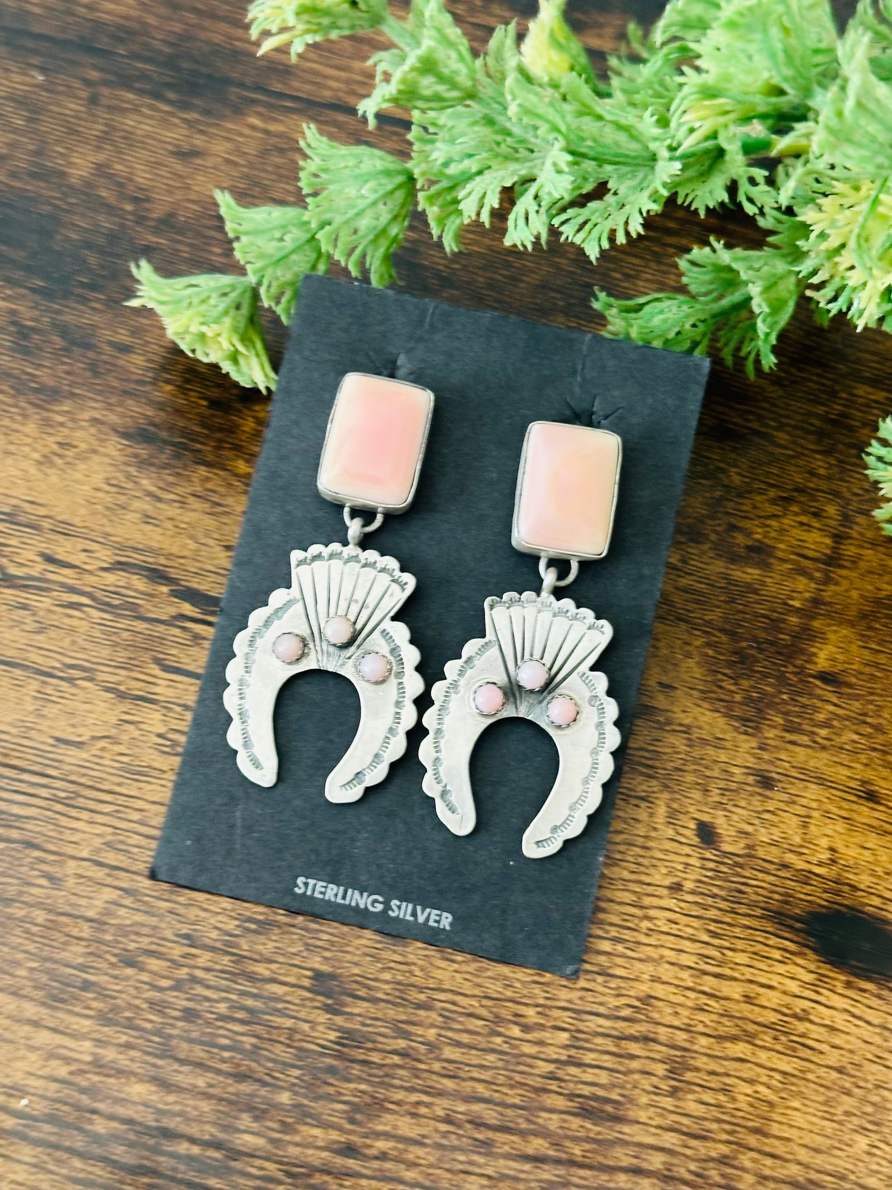 Navajo Made Pink Conch & Sterling Silver Post Dangle Concho Earrings