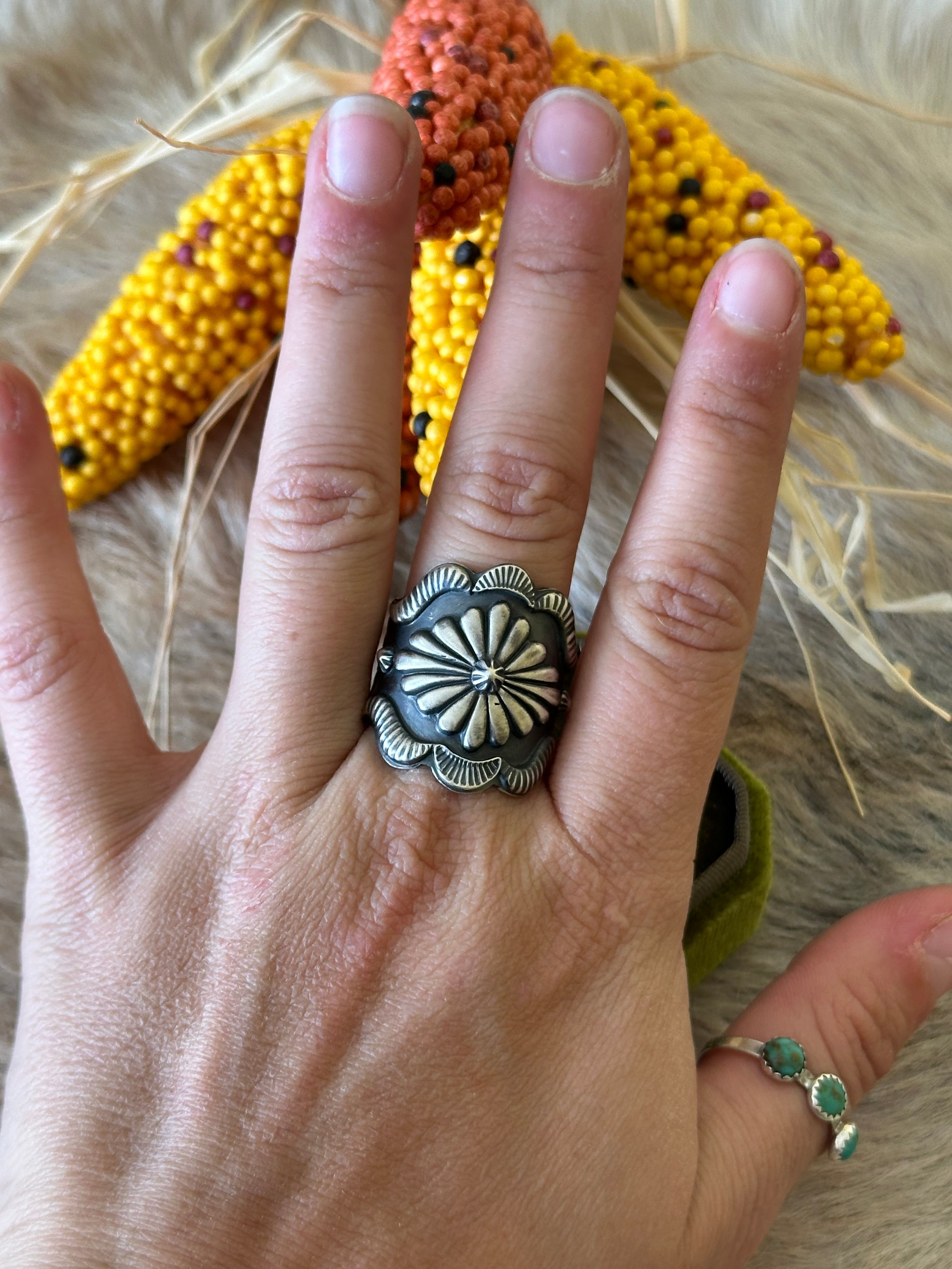 Navajo Made Sterling Silver Concho Ring Size 9.75