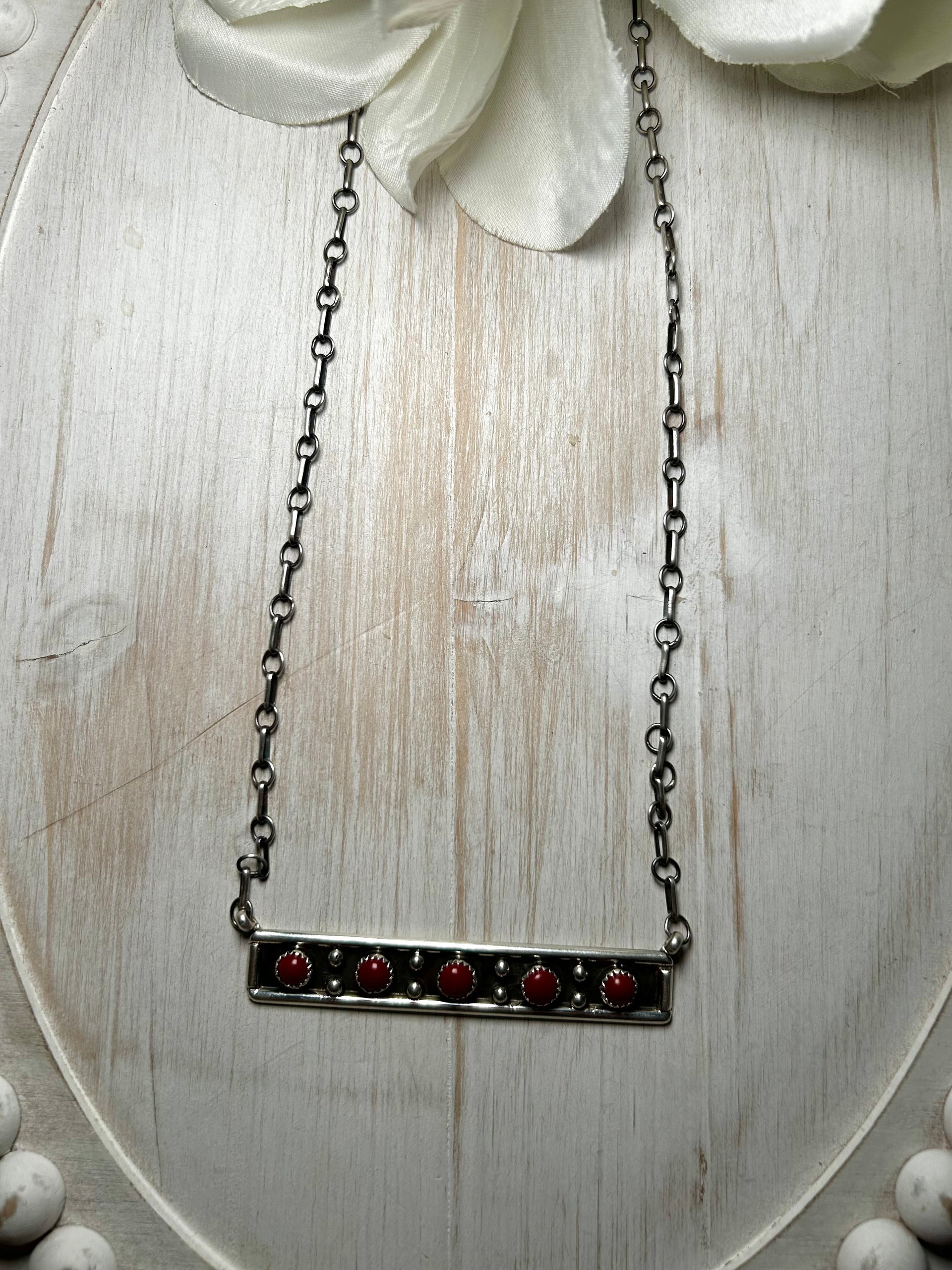 Navajo Made Red Coral & Sterling Silver Necklace