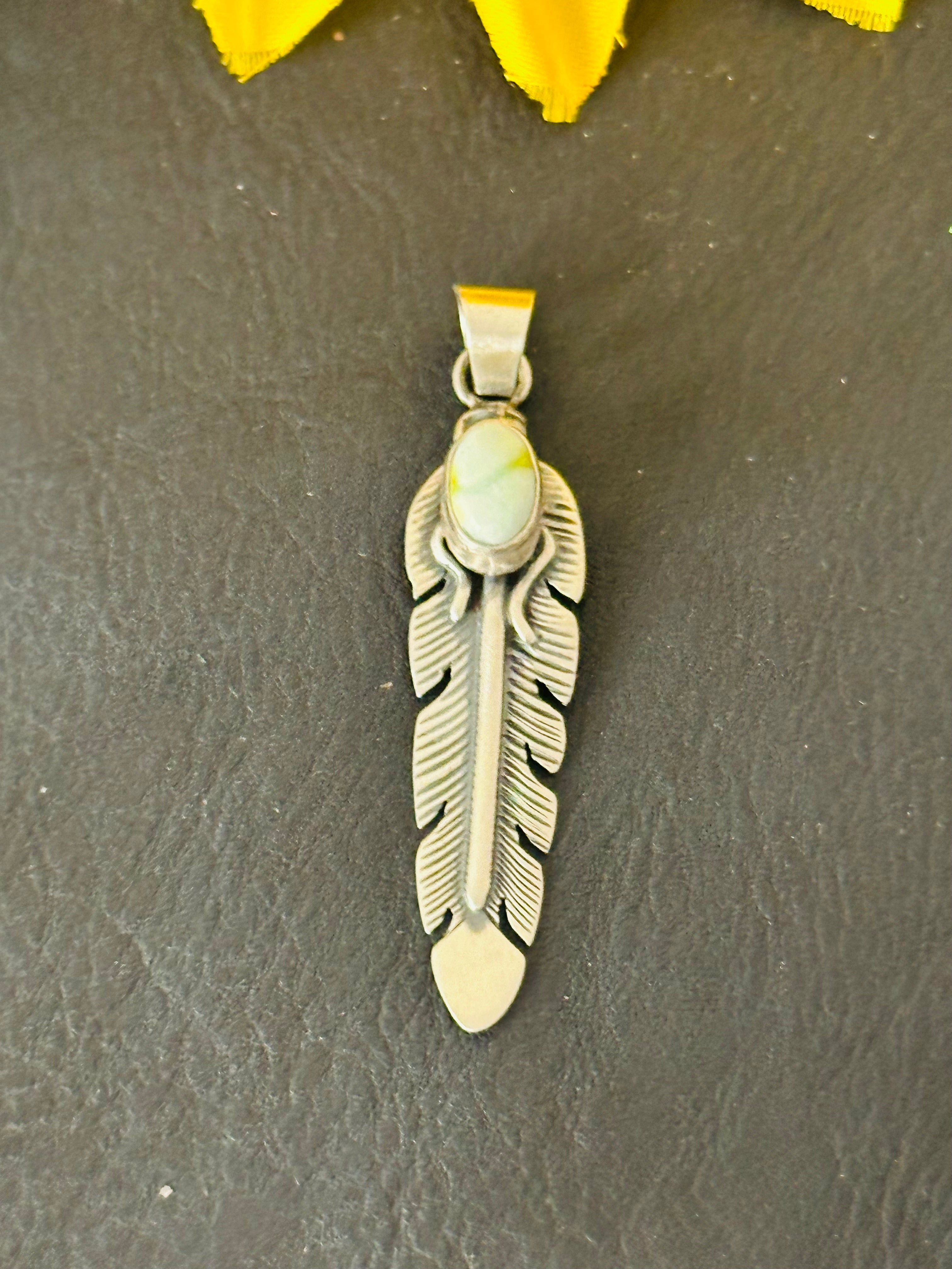 Jereme Delgarito Palomino Variscite & Sterling Silver Feather Pendant