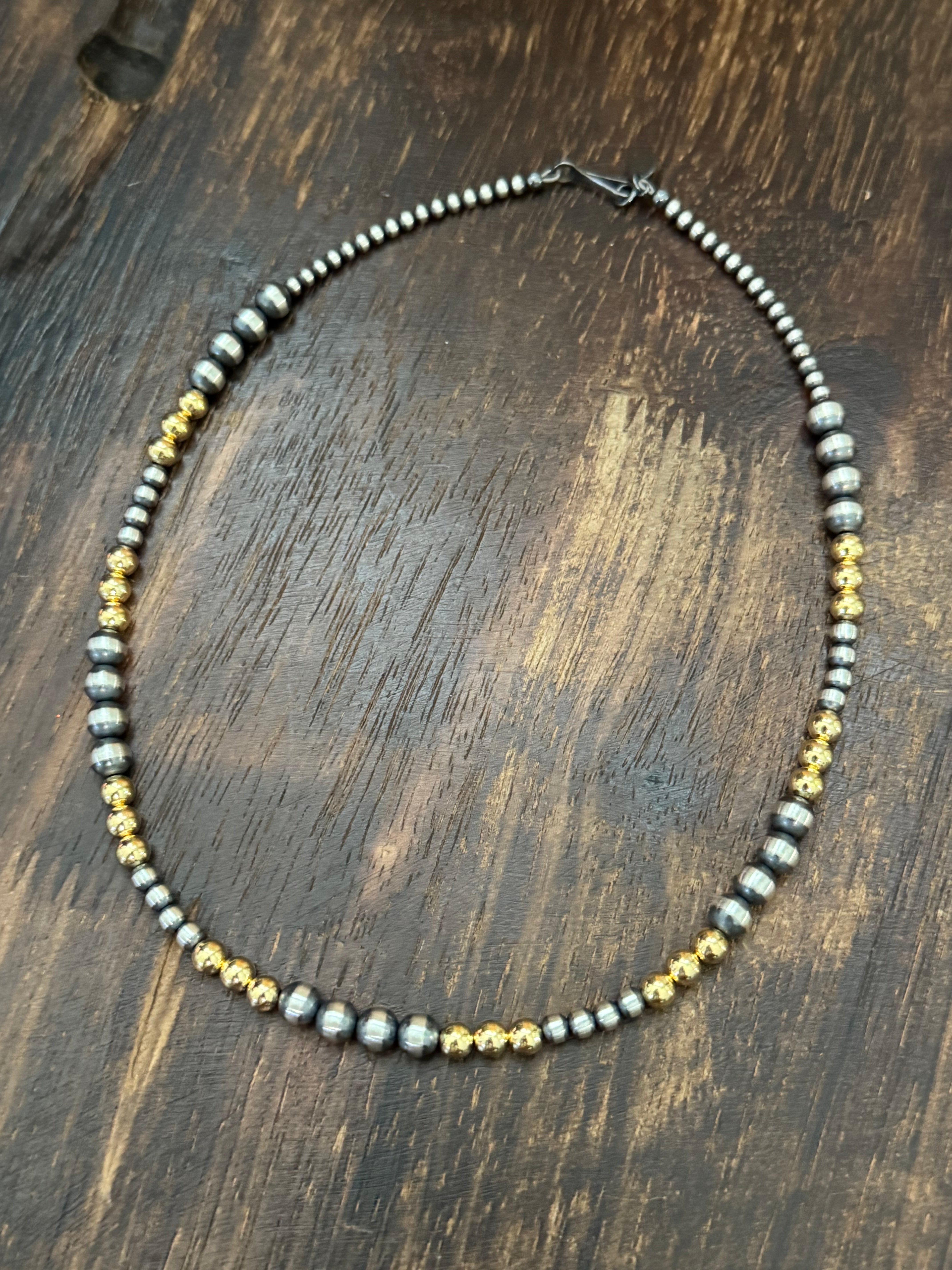 Navajo STRUNG Sterling Silver & 14 kt Gold Plate Graduated Pearl Necklace