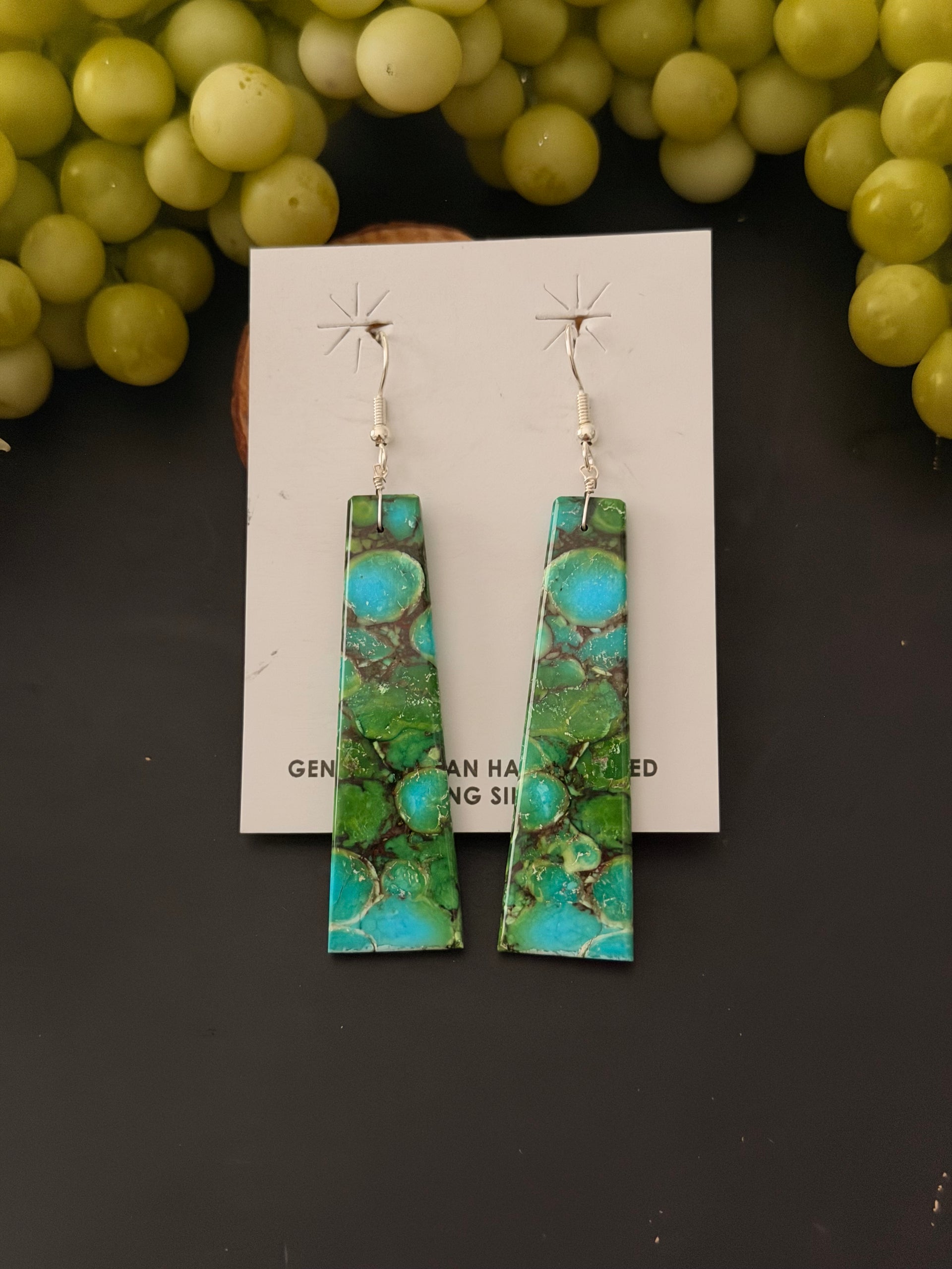 Navajo Made Green Mohave Turquoise & Sterling Silver Slab Dangle Earrings