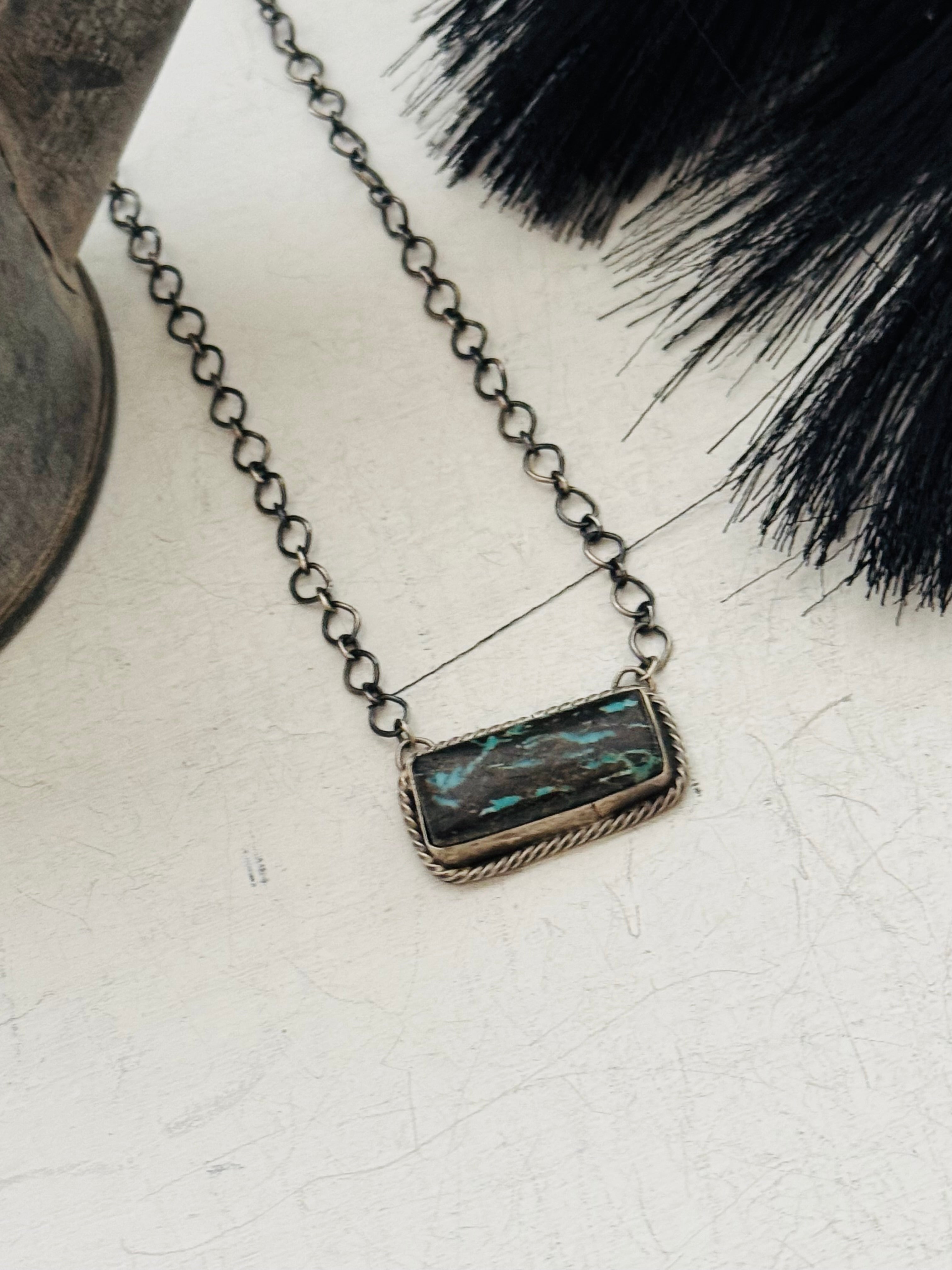 Navajo Made Blue Moon & Sterling Silver Bar Necklace