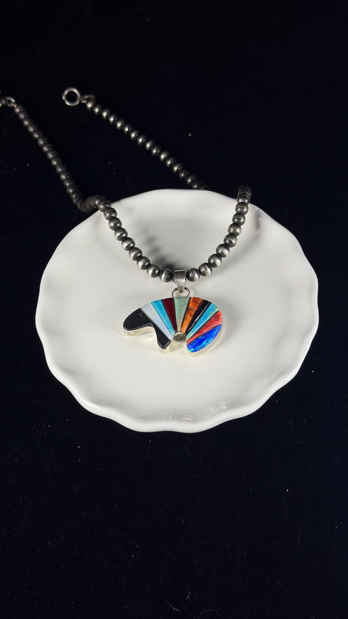 Navajo Made Multi Stone & Sterling Silver Cobblestone Bear Pendant