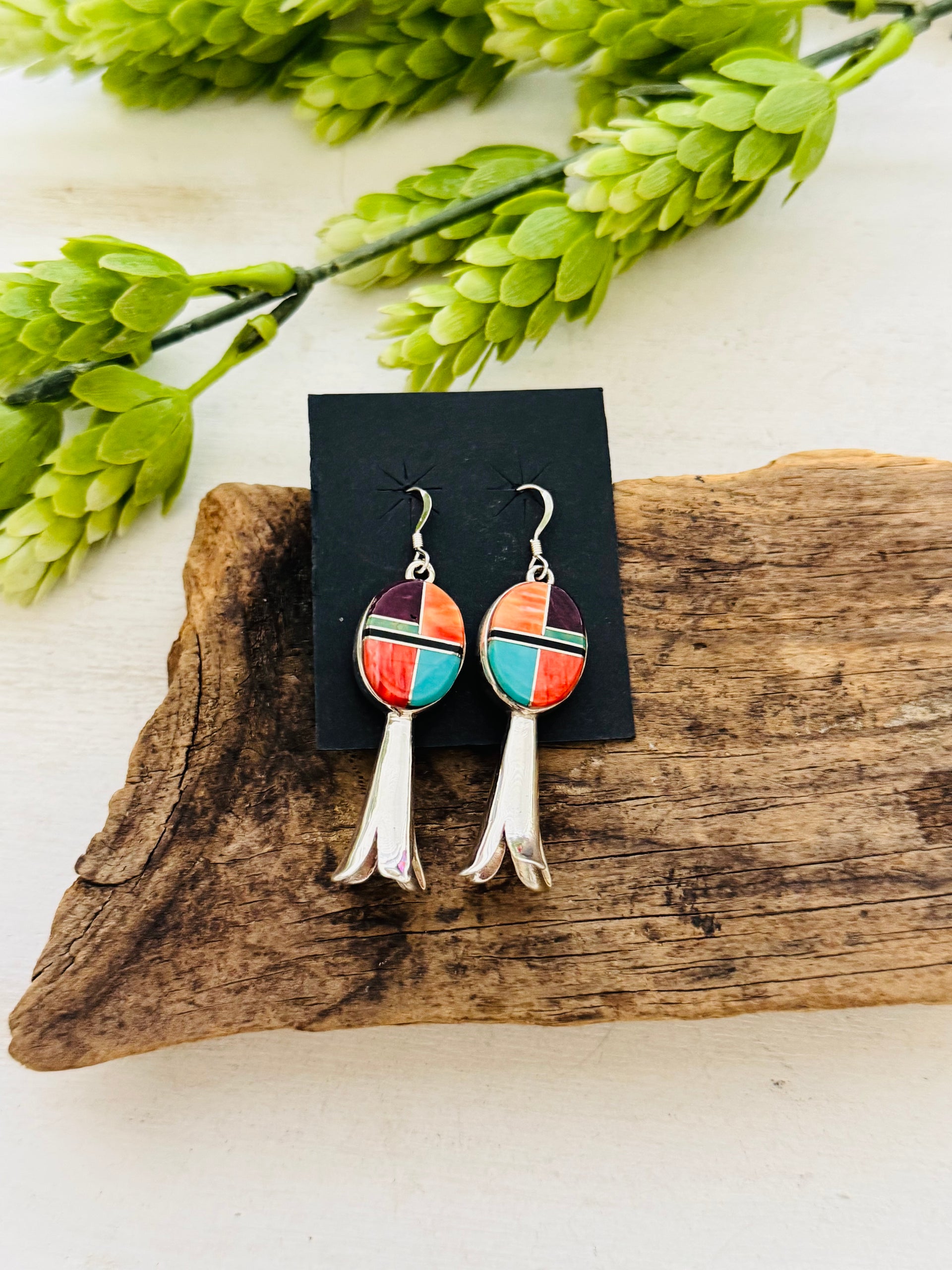 Navajo Made Multi Stone & Sterling Silver Inlay Blossom Dangle Earrings