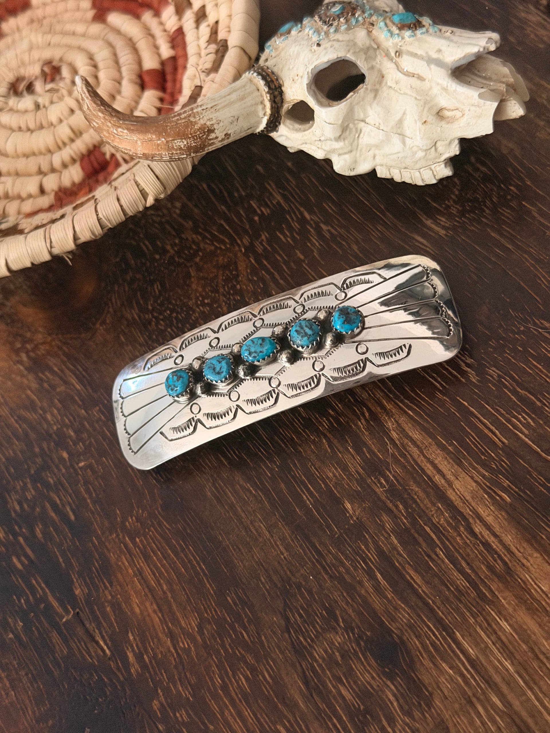 Navajo Made Kingman Turquoise & Sterling Silver Hair Barrette