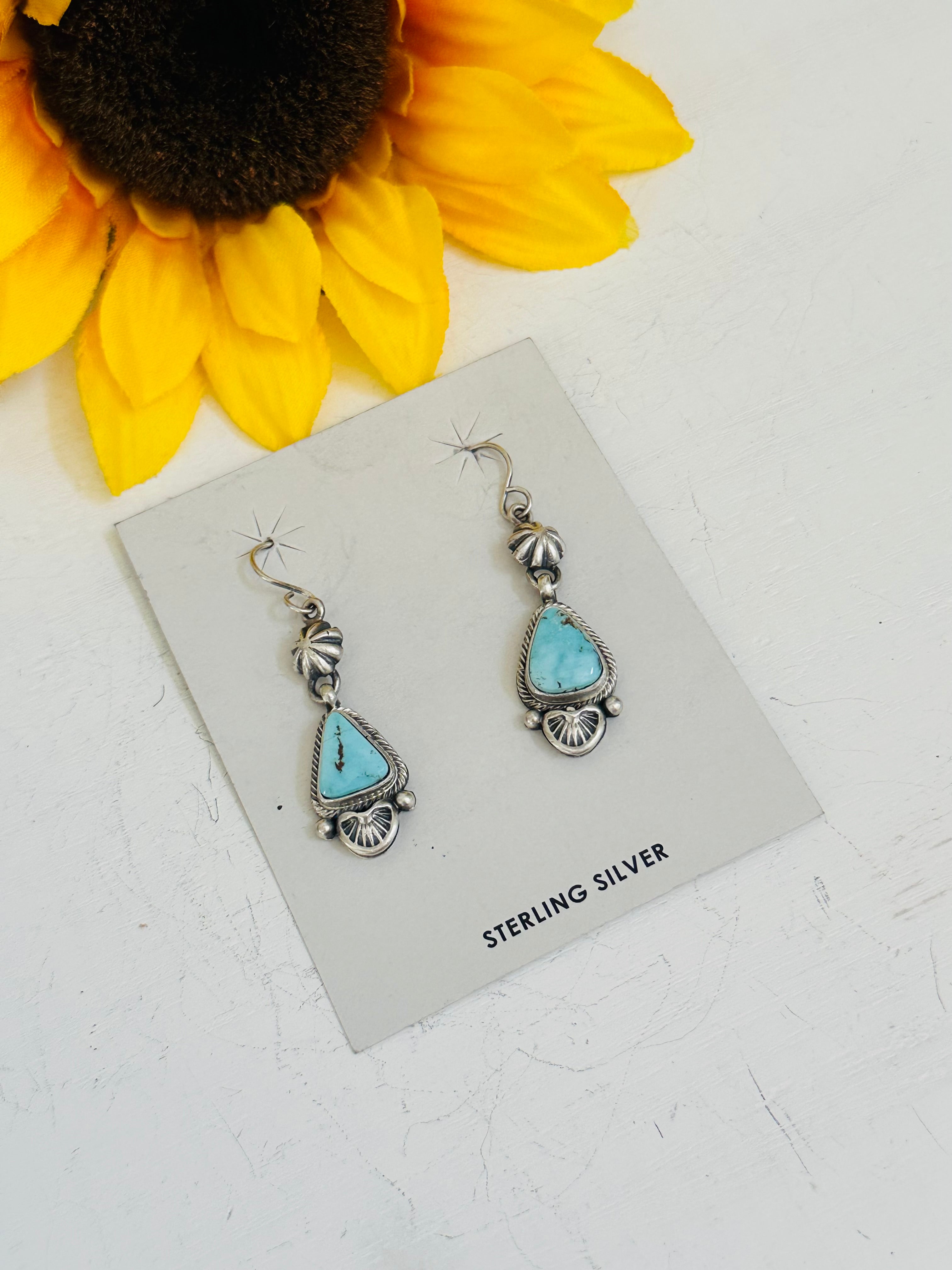 Navajo Made Dry Creek Turquoise & Sterling Silver Dangle Earrings